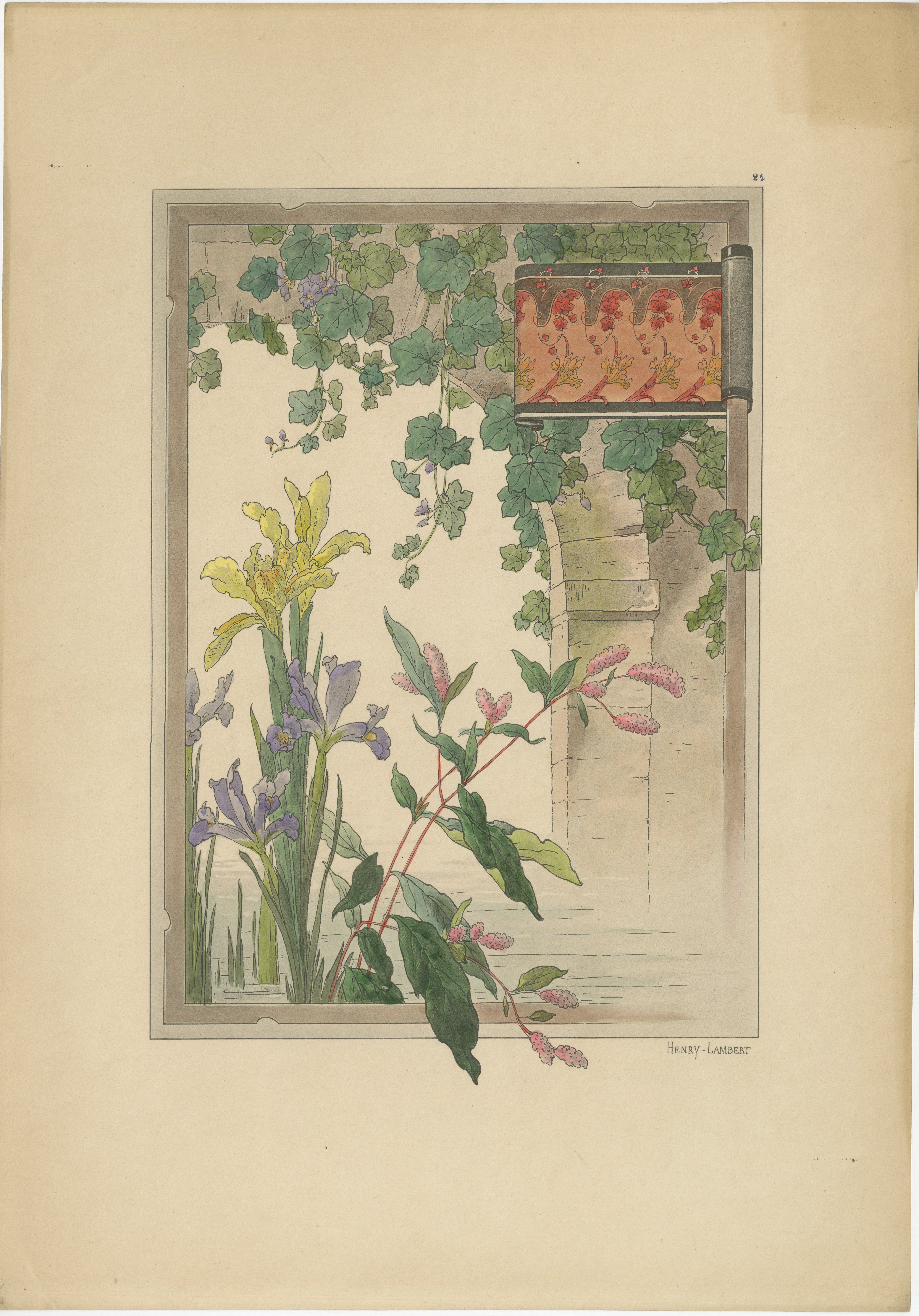 Gracieuses fleurs d'eau : iris et figuiers dans un décor Art nouveau  

Cette exquise illustration botanique Art nouveau d'Henry Lambert, intitulée 