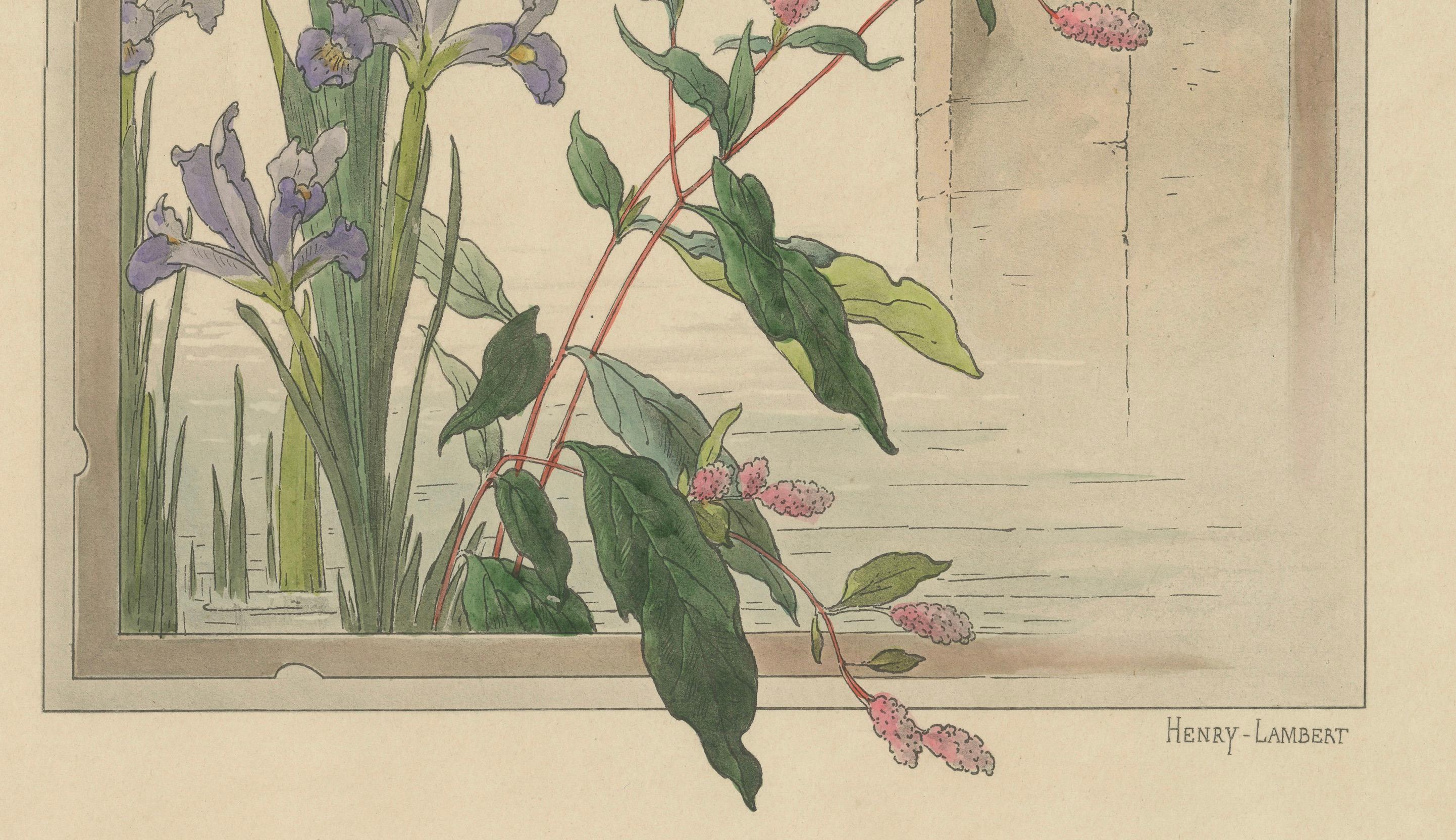 Aquarelles gracieuses : Iris et Figwort dans un sertissage Art Nouveau, 1896 Bon état - En vente à Langweer, NL