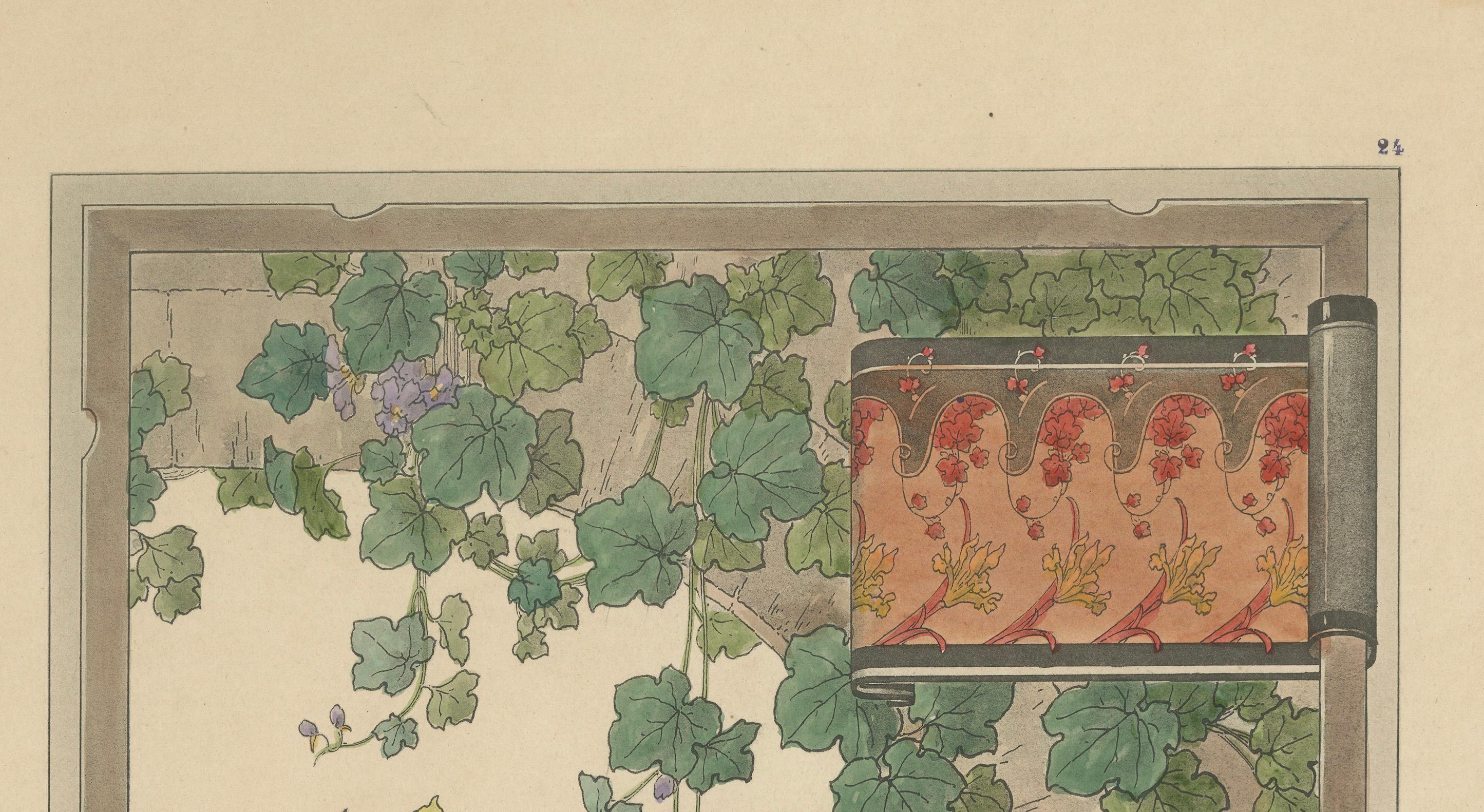 Papier Aquarelles gracieuses : Iris et Figwort dans un sertissage Art Nouveau, 1896 en vente
