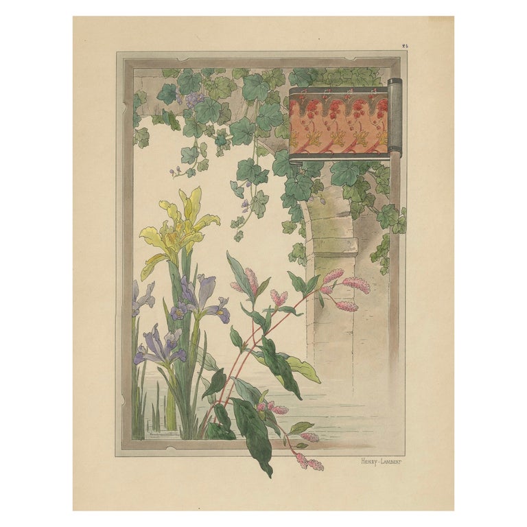 Graceful Water Blooms: Iris and Figwort in an Art Nouveau Setting, 1896 For  Sale at 1stDibs