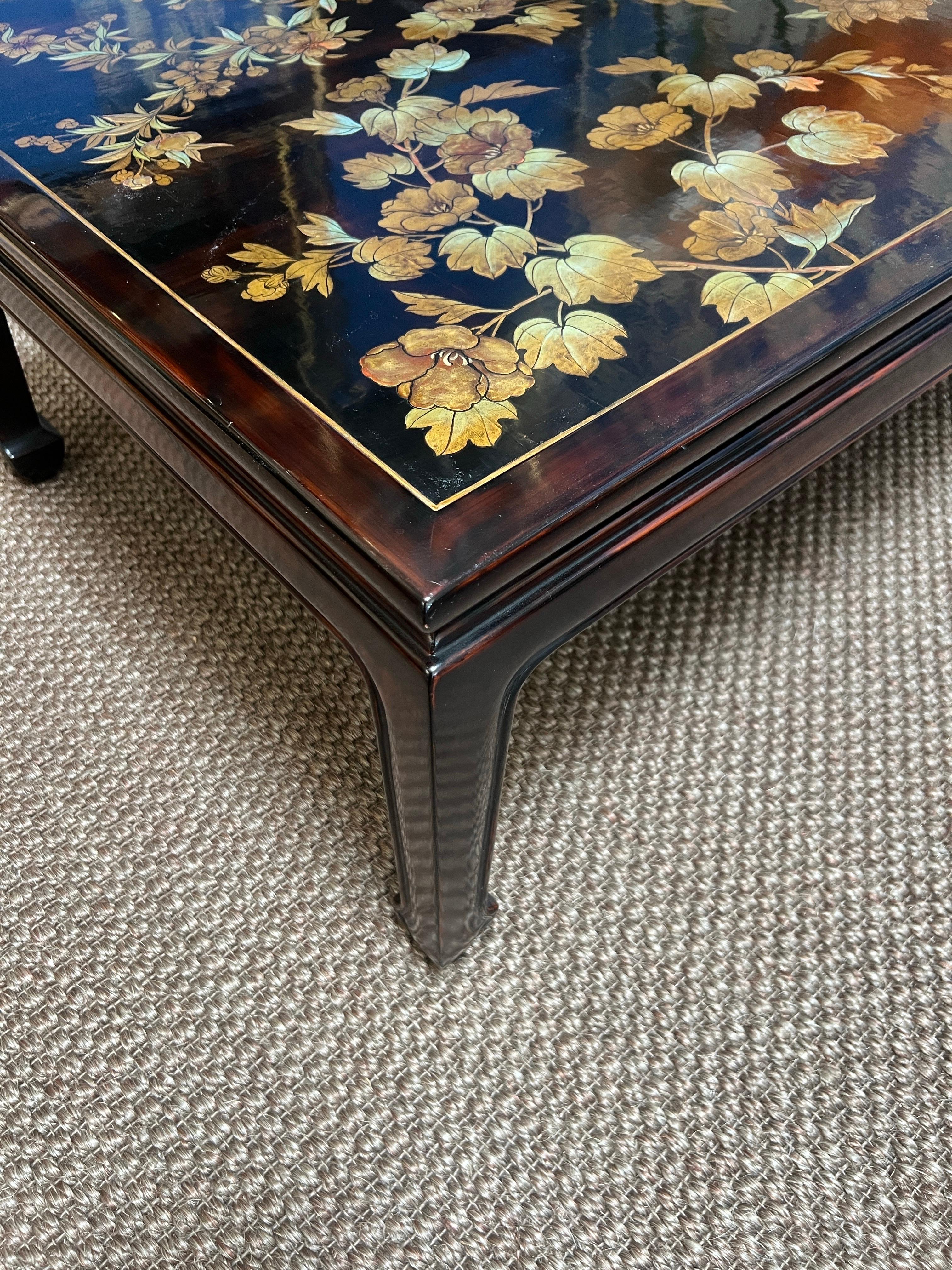 Gracie Cashew Lacquer Coffee Table with Handpainted Raised Gold Floral Design For Sale 3