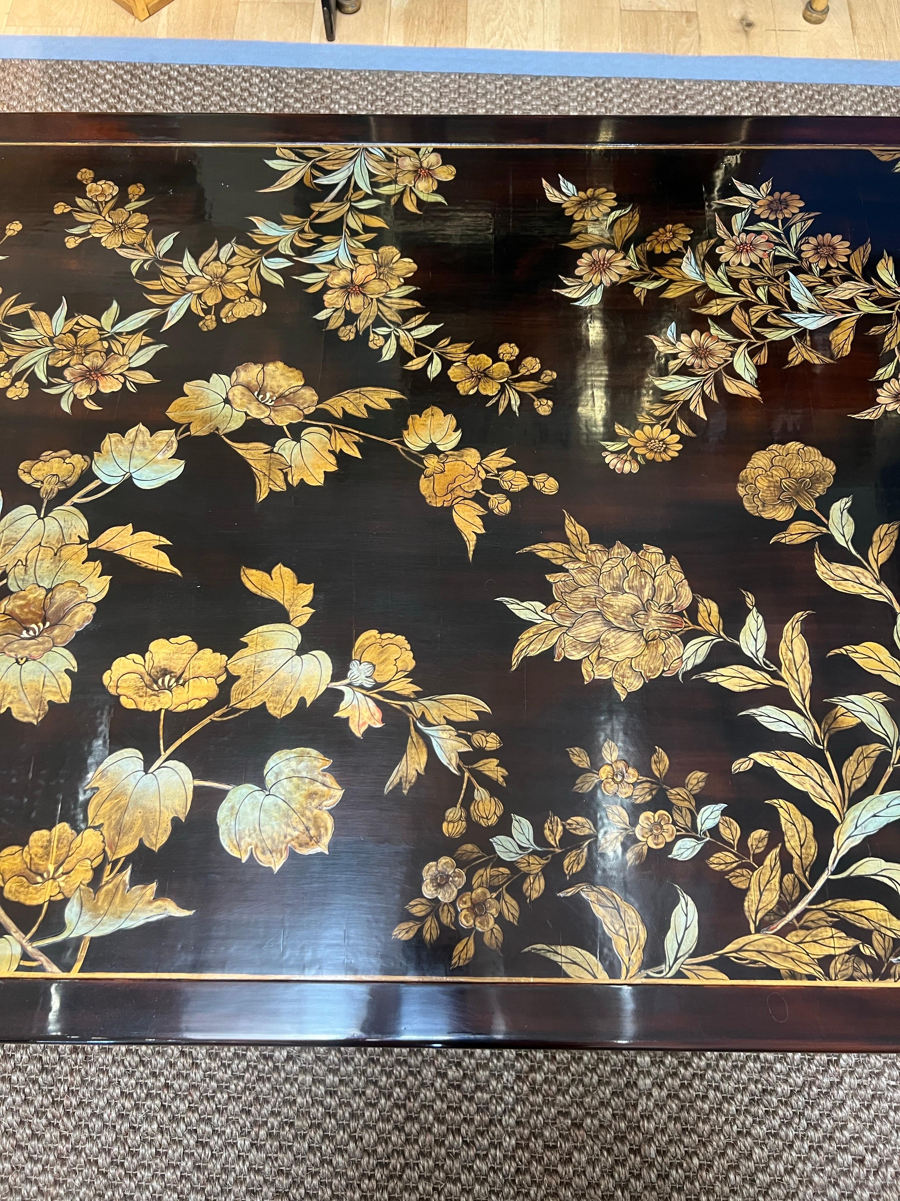 American Gracie Cashew Lacquer Coffee Table with Handpainted Raised Gold Floral Design For Sale
