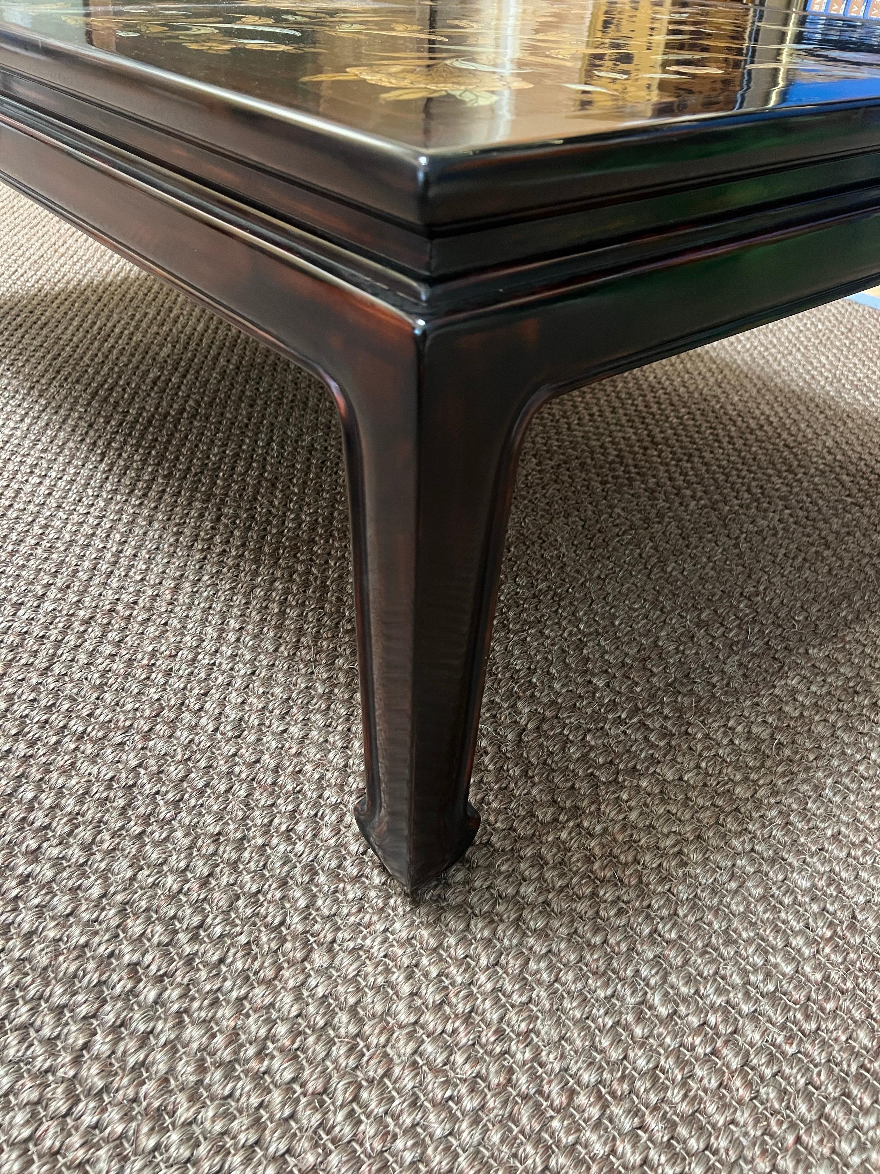 Hand-Crafted Gracie Cashew Lacquer Coffee Table with Handpainted Raised Gold Floral Design For Sale