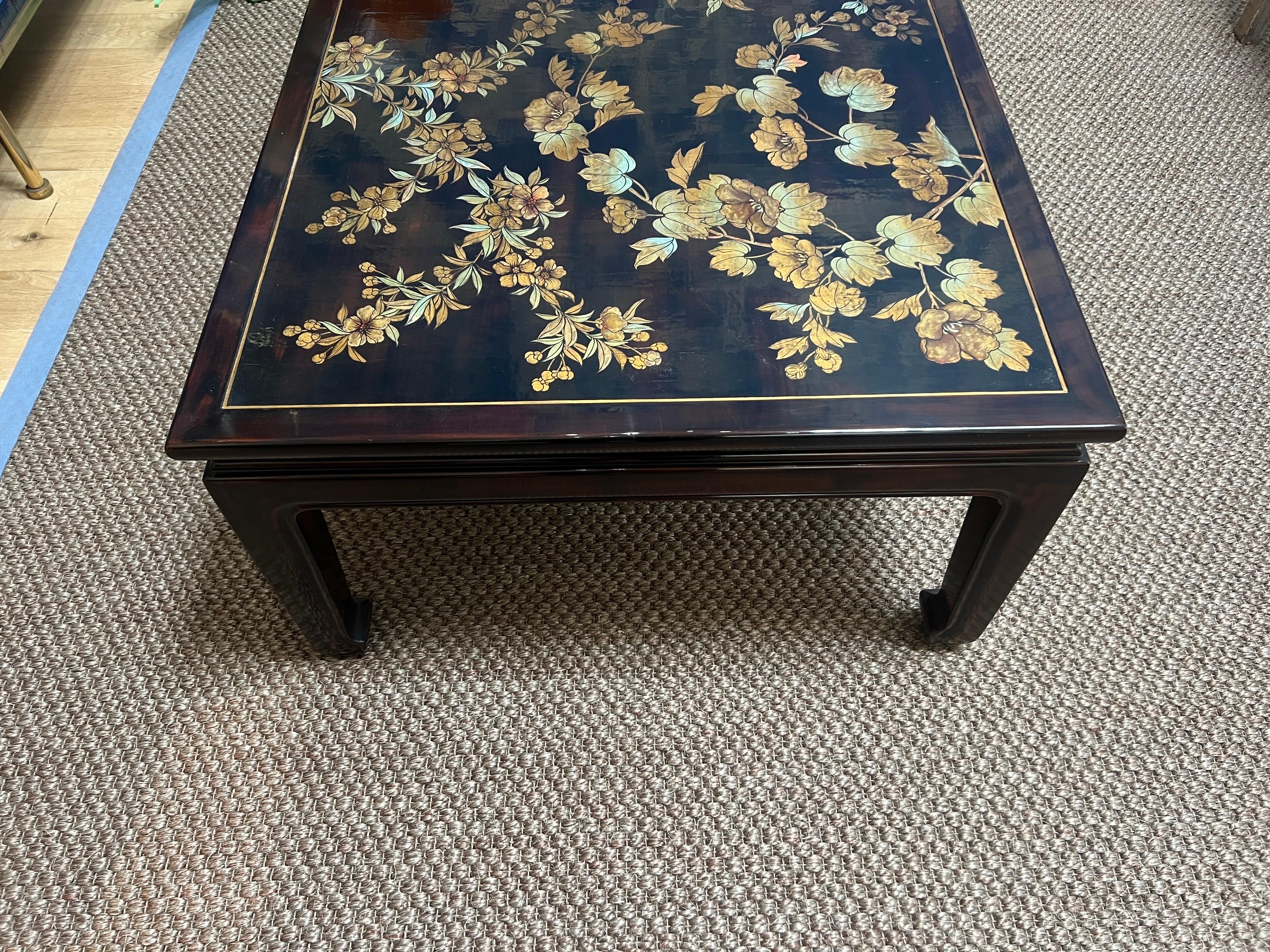 Contemporary Gracie Cashew Lacquer Coffee Table with Handpainted Raised Gold Floral Design For Sale