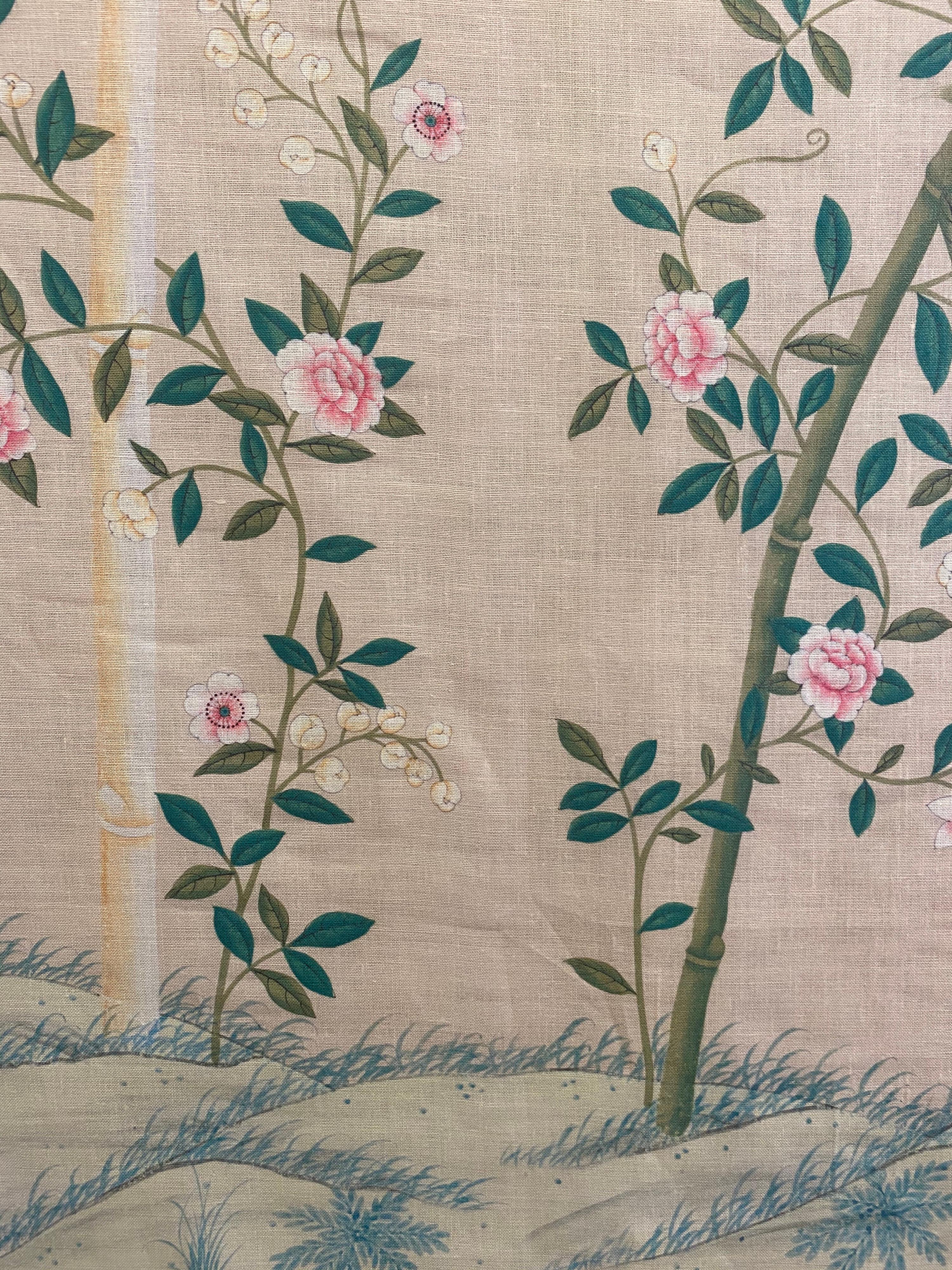 Gracie Chinoiserie Bamboo Grove Pattern Printed Linen Fabric For Sale 5