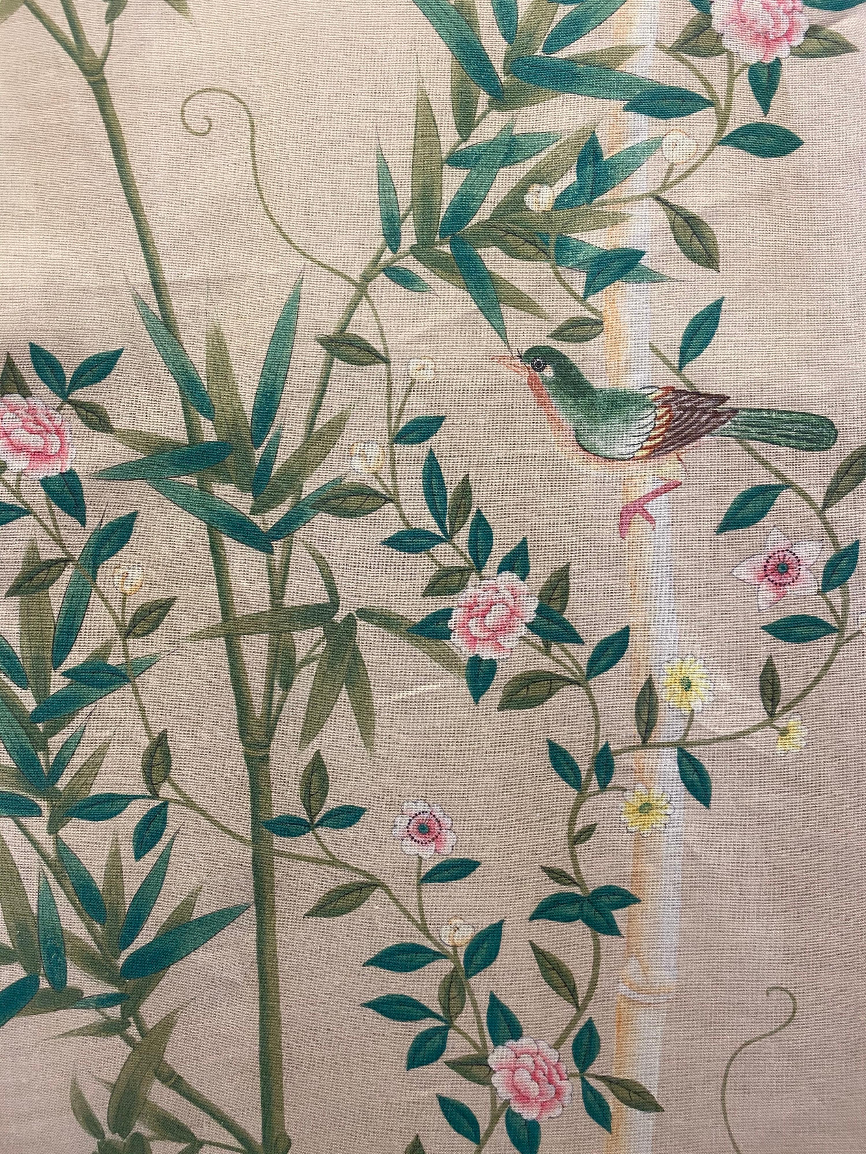 Gracie, the 5th generation firm established in 1898 and known for their exquisite hand painted wallpapers now has a line of linen fabrics featuring six of their iconic patterns.

This is bamboo grove, with flowering trees, birds, butterflies and