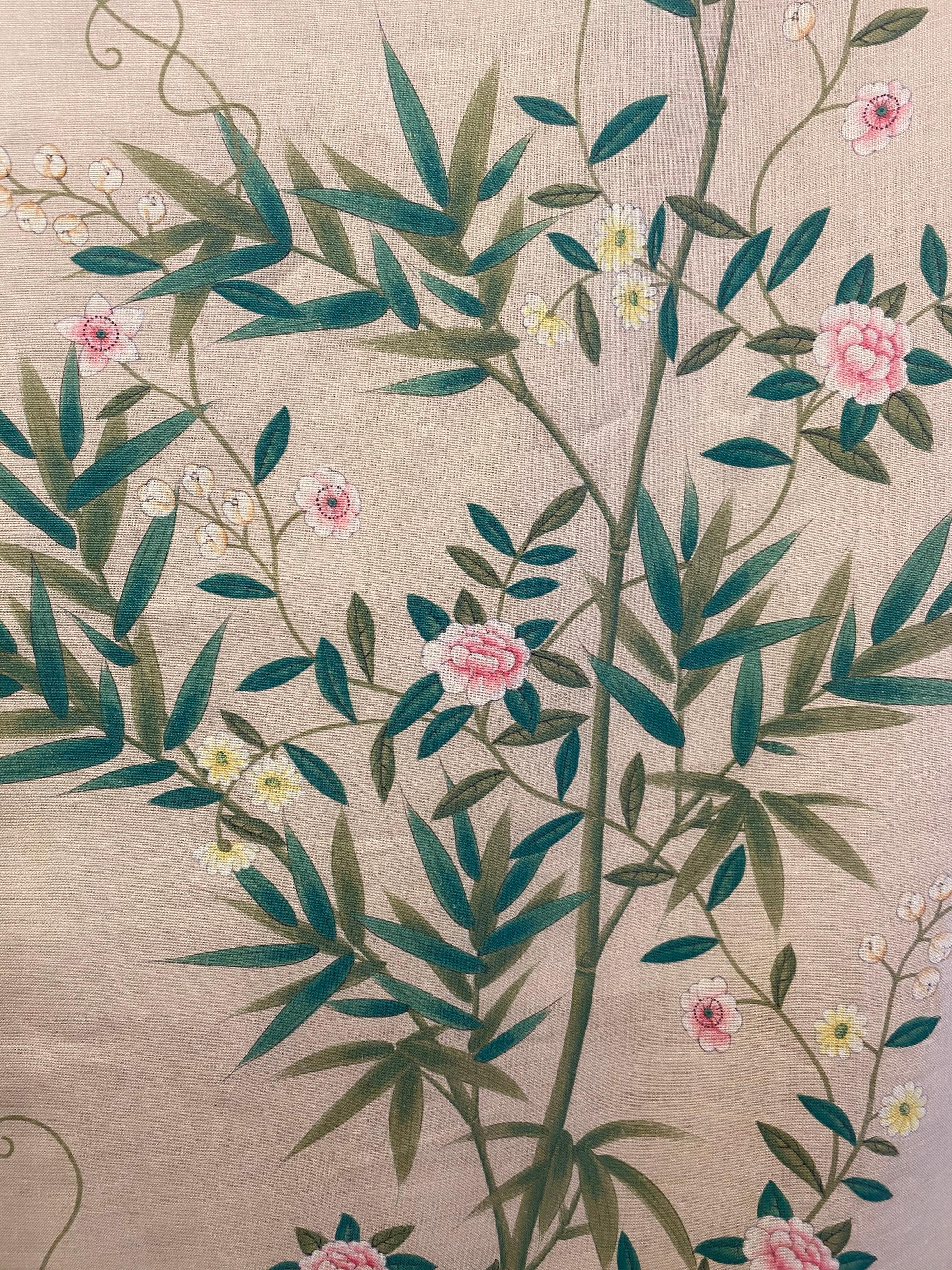 American Gracie Chinoiserie Bamboo Grove Pattern Printed Linen Fabric For Sale