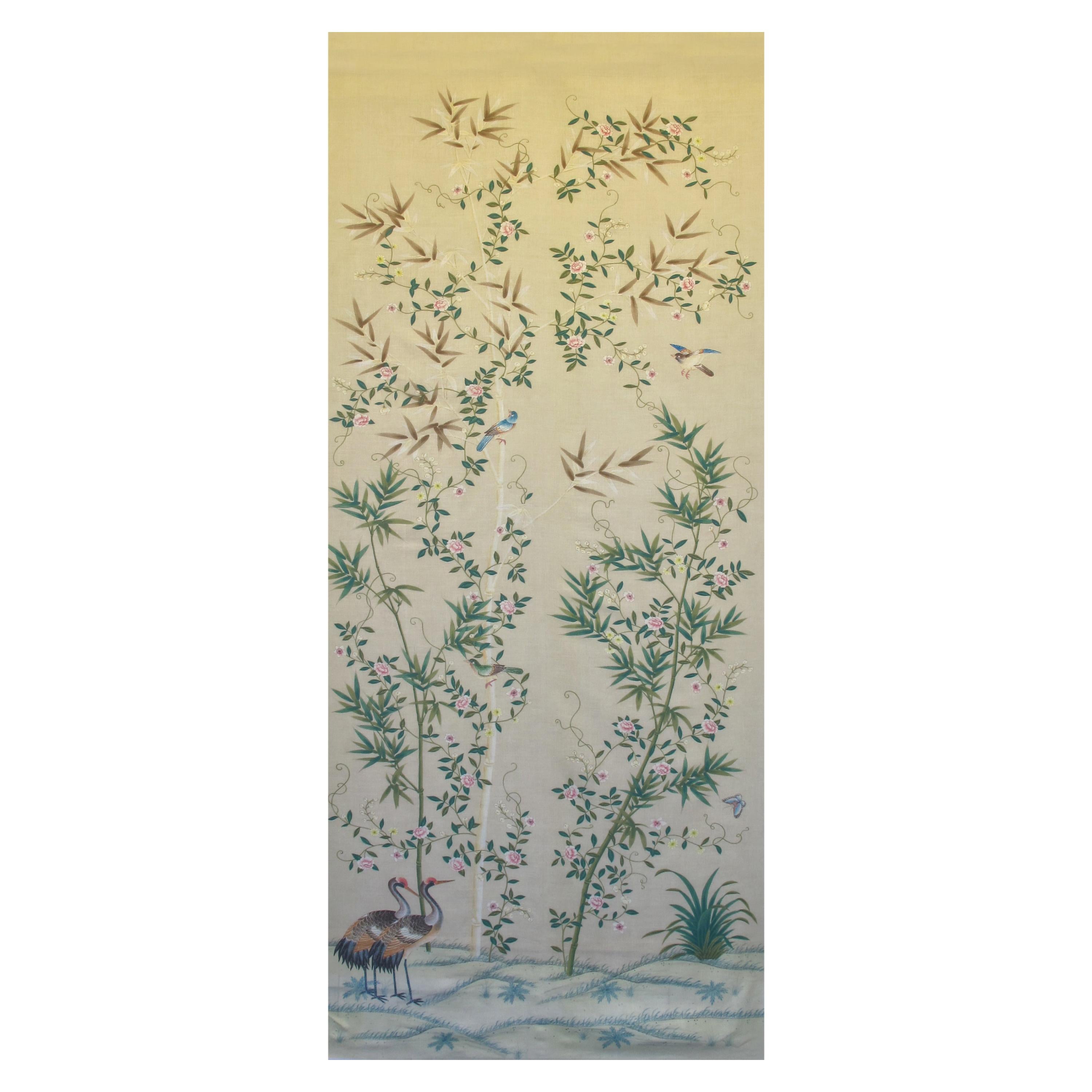 Gracie Chinoiserie Bamboo Grove Pattern Printed Linen Fabric For Sale