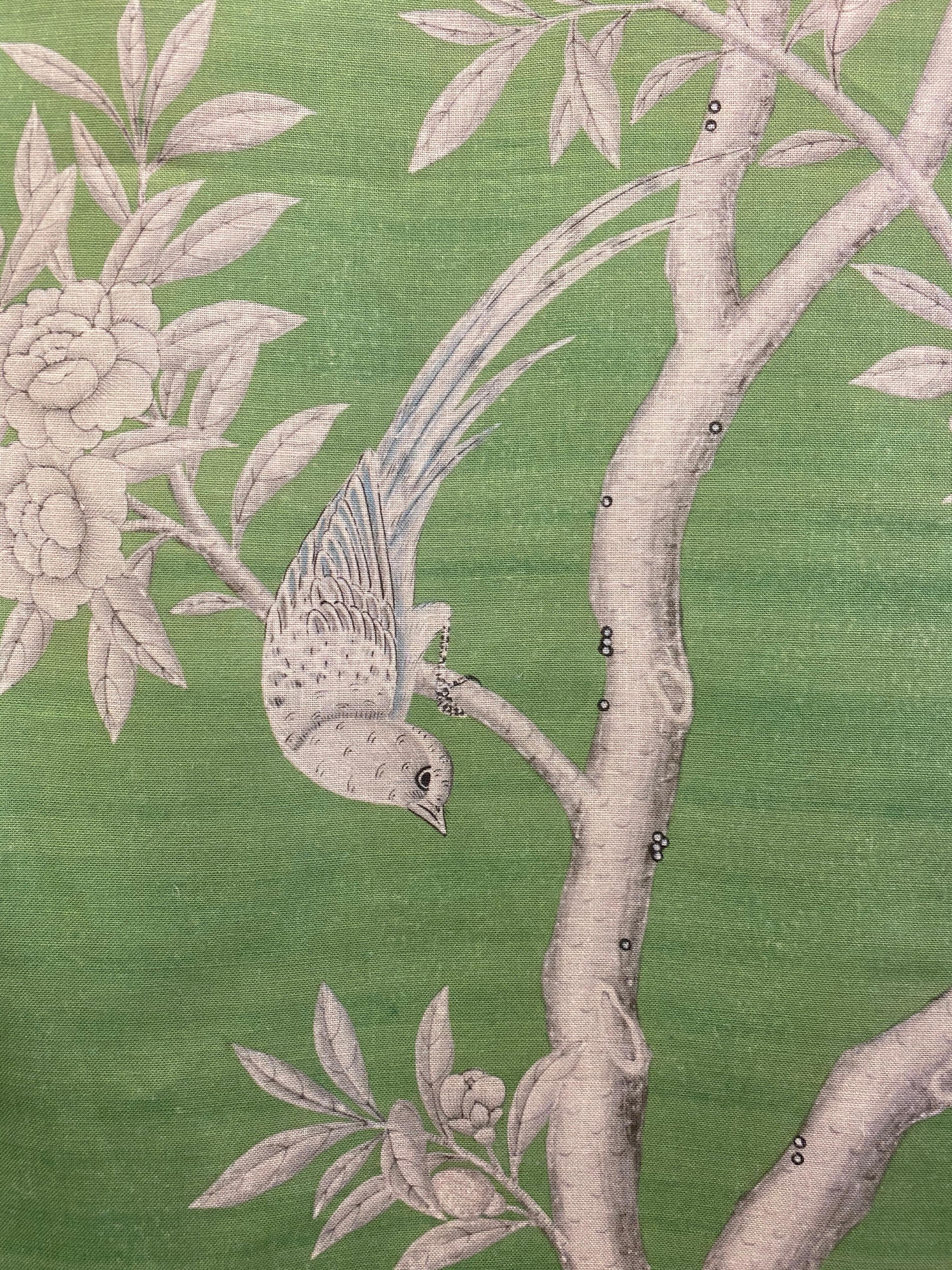 Gracie, the 5th generation firm established in 1898 and known for their exquisite hand painted wallpapers now has a line of linen fabrics featuring six of their iconic patterns.

This is Greenfield, with flowering trees, birds and butterflies in