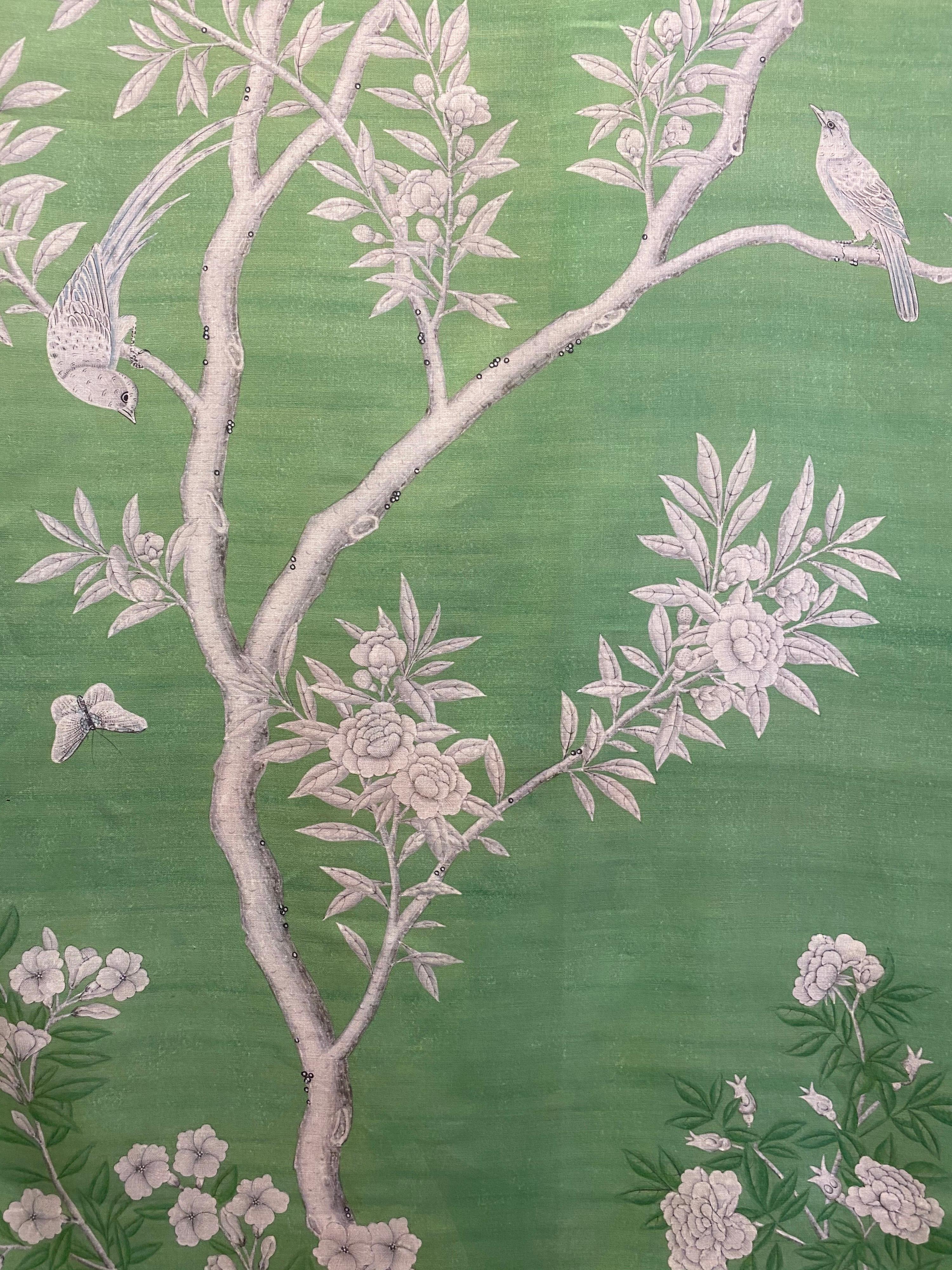 Gracie Chinoiserie Greenfield Pattern Printed Linen Fabric For Sale 1