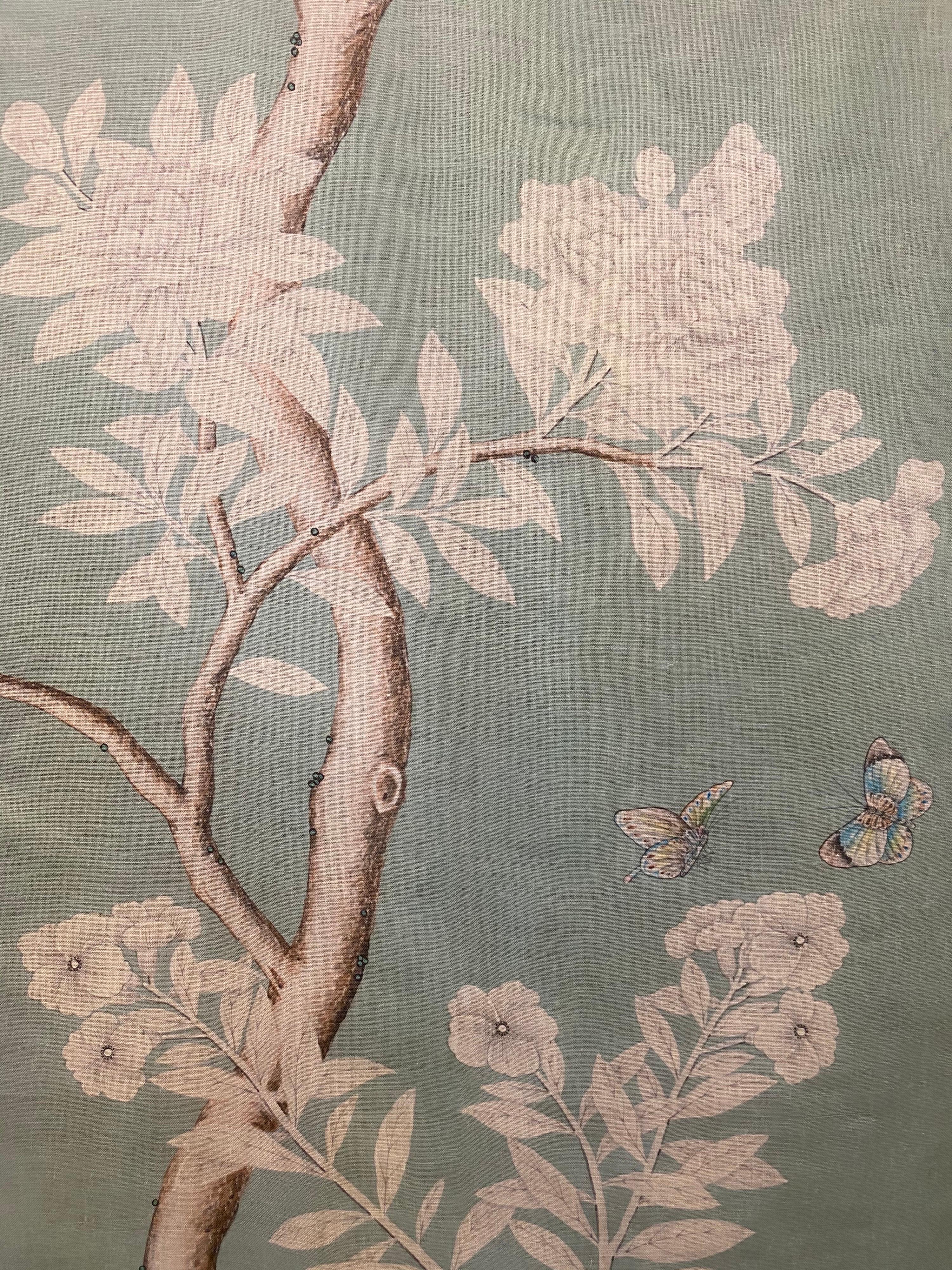American Gracie Chinoiserie Hampton Garden Pattern Printed Linen Fabric For Sale