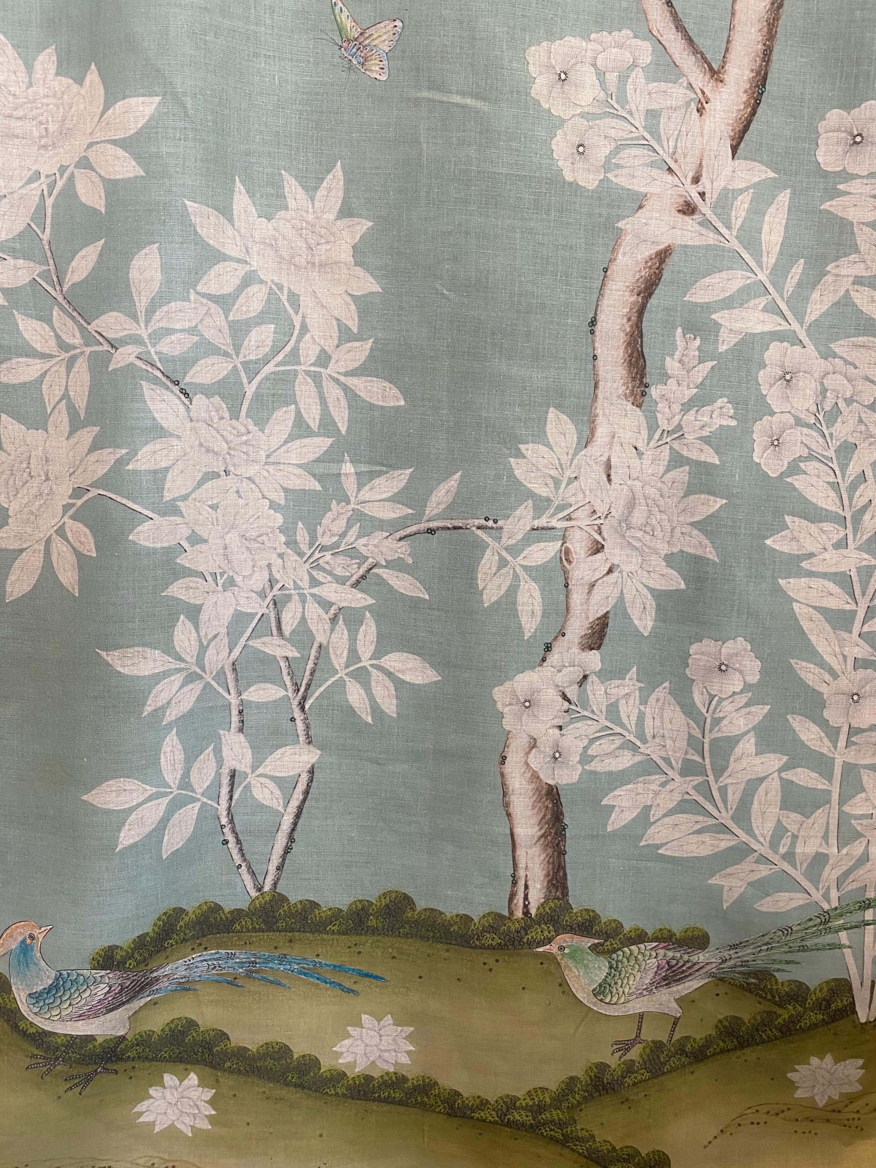 Contemporary Gracie Chinoiserie Hampton Garden Pattern Printed Linen Fabric For Sale