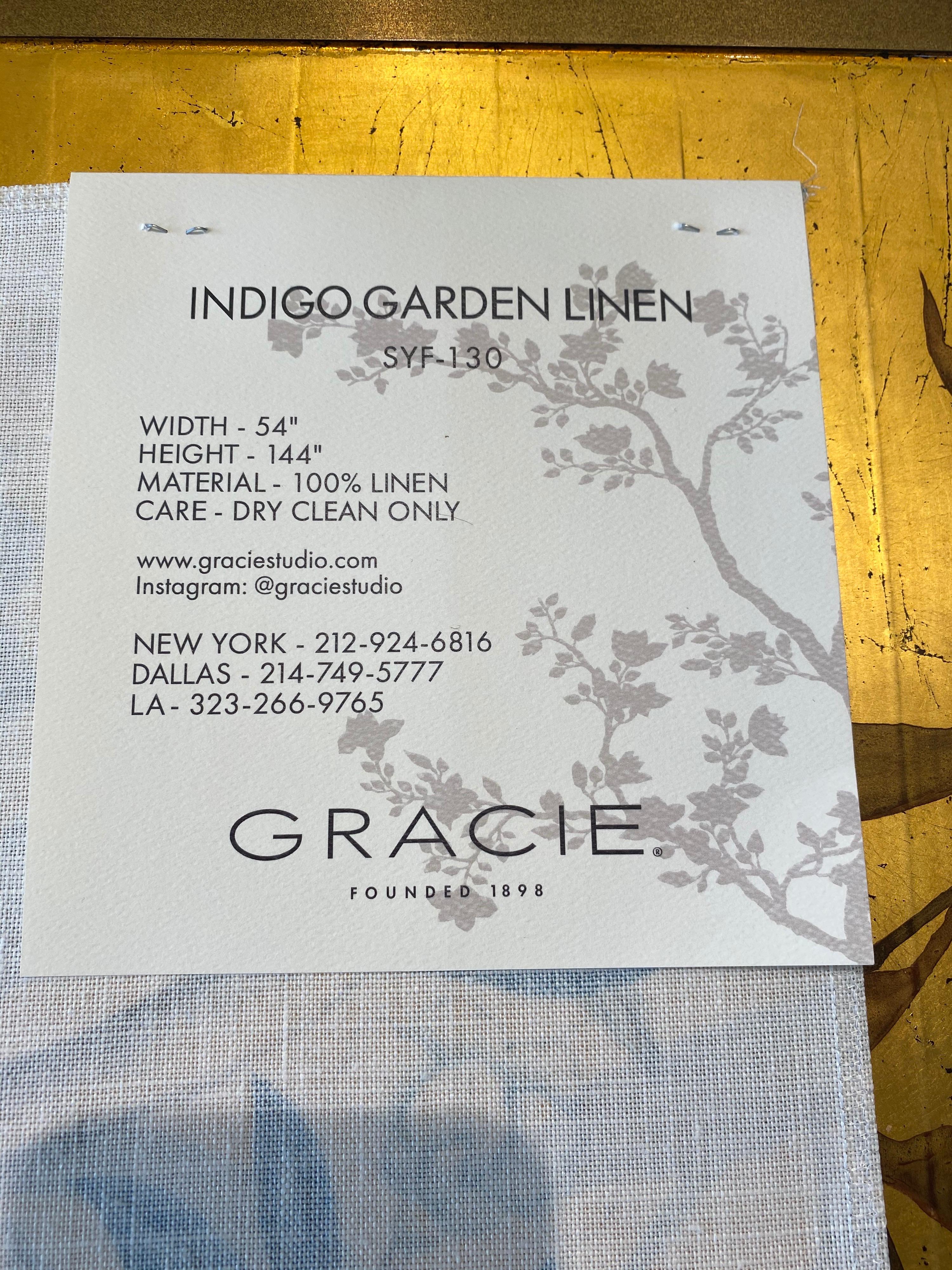 Gracie Chinoiserie Indigo Garden Blue and White Pattern Printed Linen Fabric For Sale 5