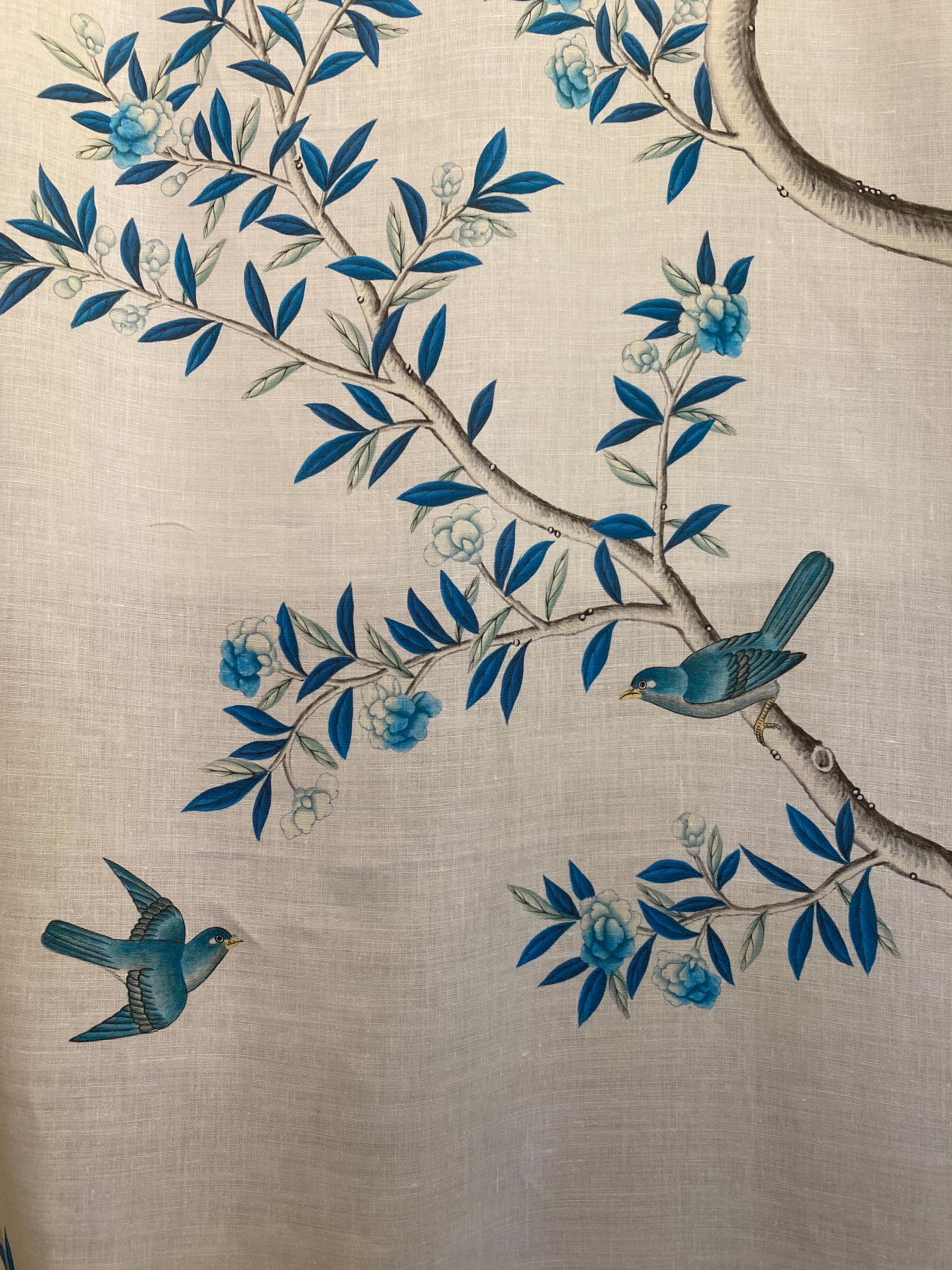 American Gracie Chinoiserie Indigo Garden Blue and White Pattern Printed Linen Fabric For Sale