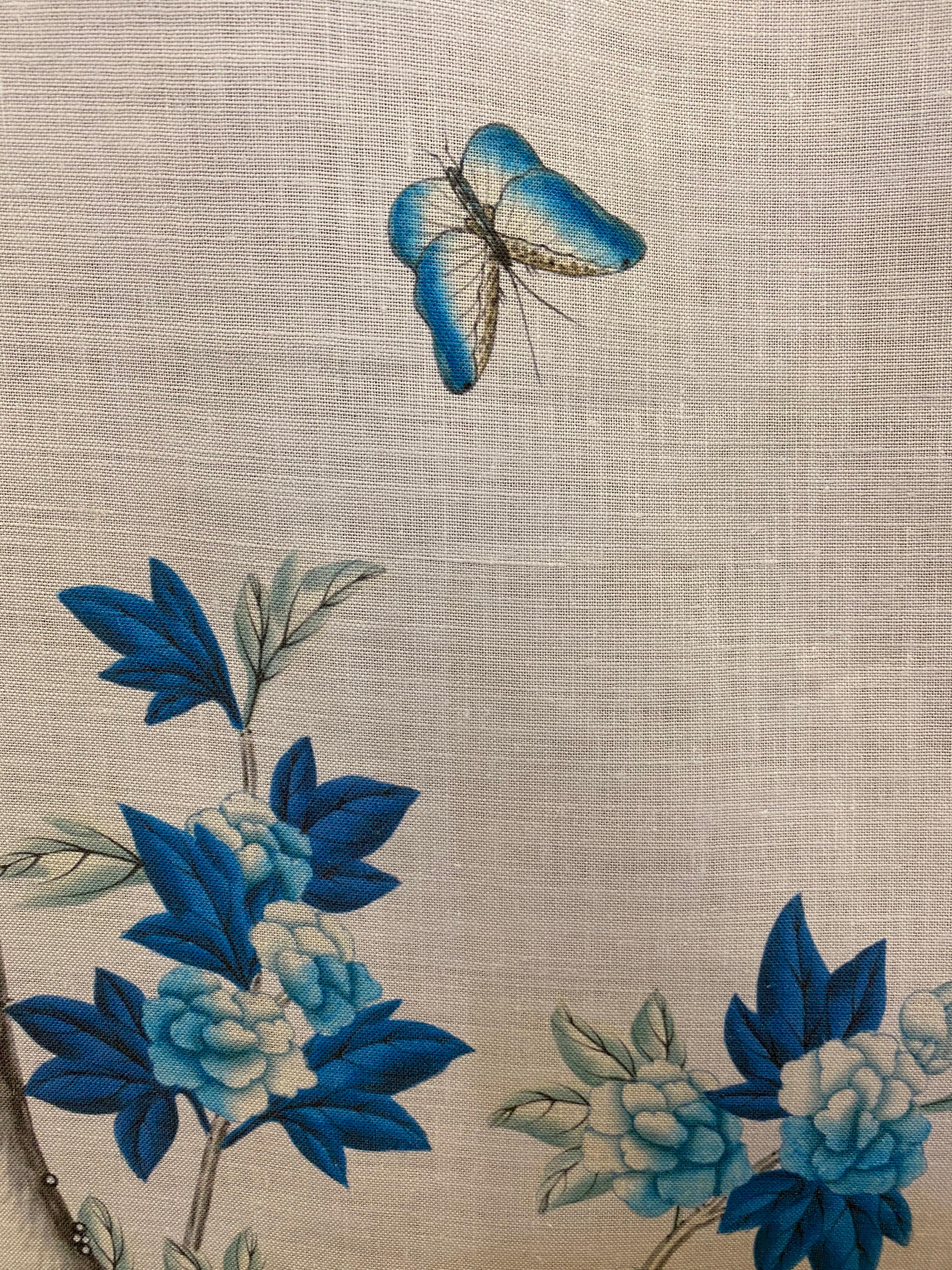 Gracie Chinoiserie Indigo Garden Blue and White Pattern Printed Linen Fabric In New Condition For Sale In New York, NY