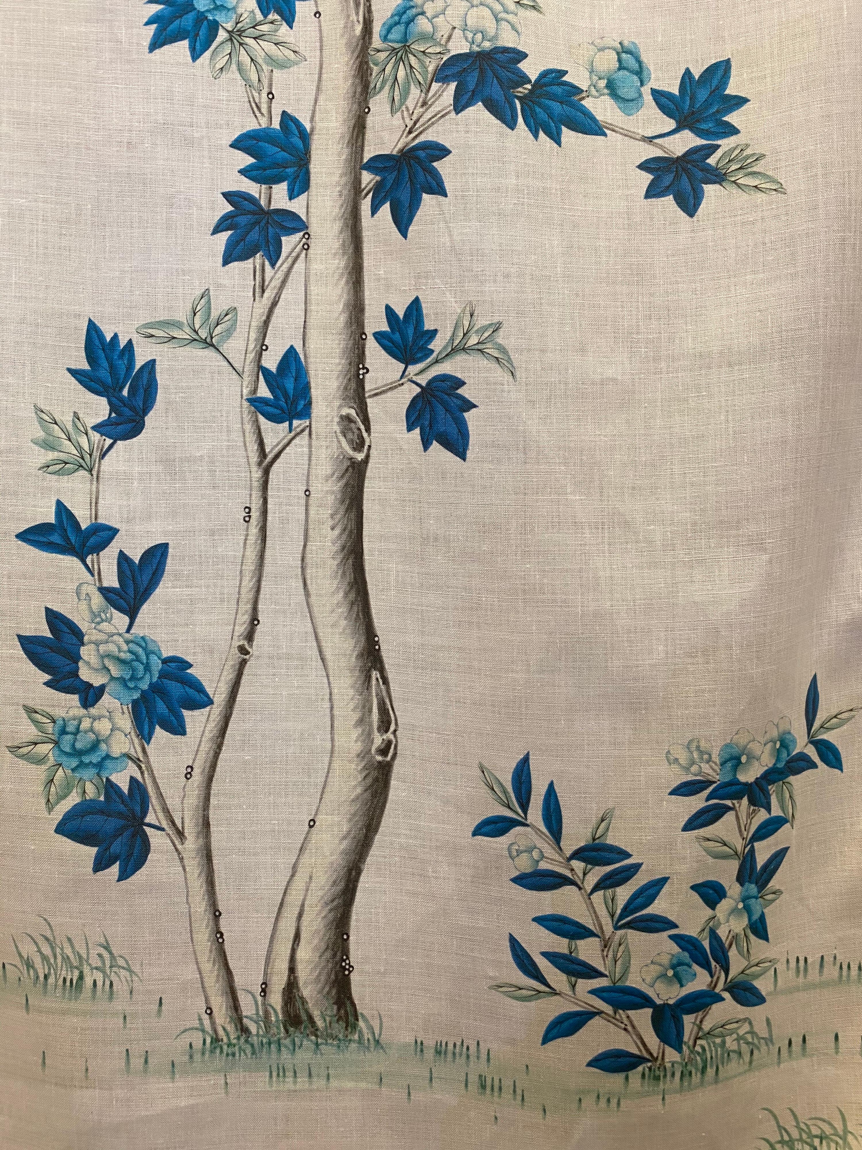 Contemporary Gracie Chinoiserie Indigo Garden Blue and White Pattern Printed Linen Fabric For Sale