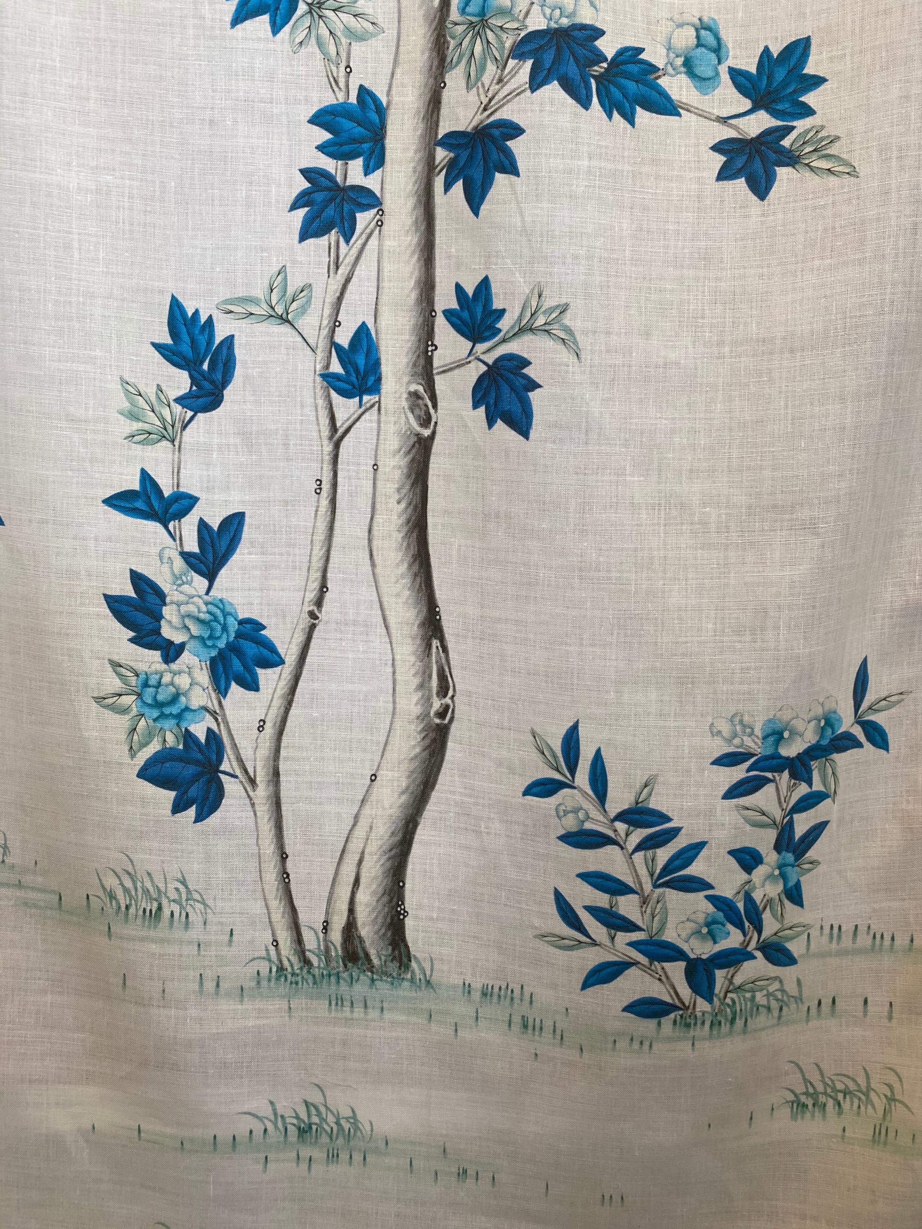 Gracie Chinoiserie Indigo Garden Blue and White Pattern Printed Linen Fabric For Sale 2