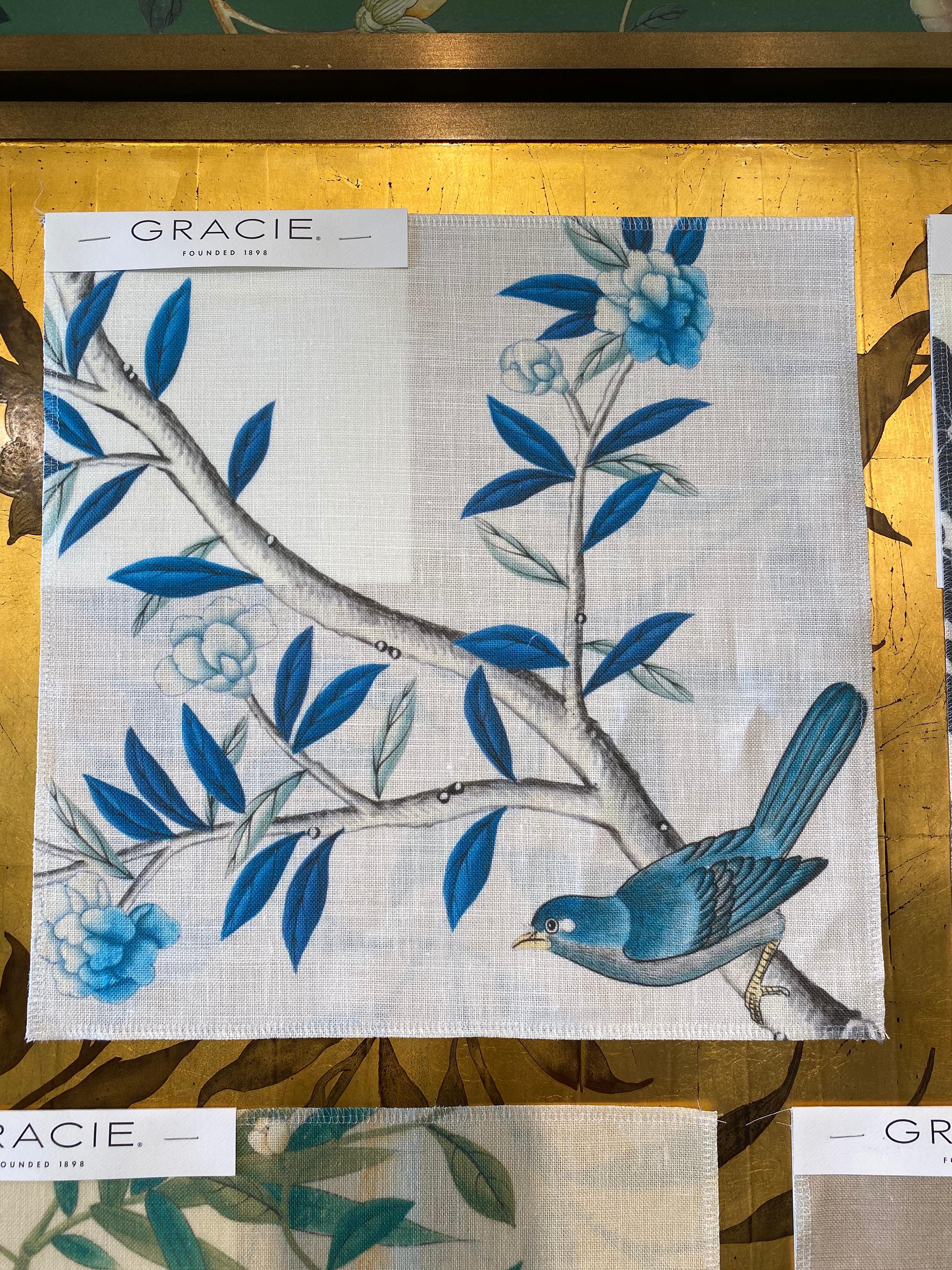 Gracie Chinoiserie Indigo Garden Blue and White Pattern Printed Linen Fabric For Sale 3