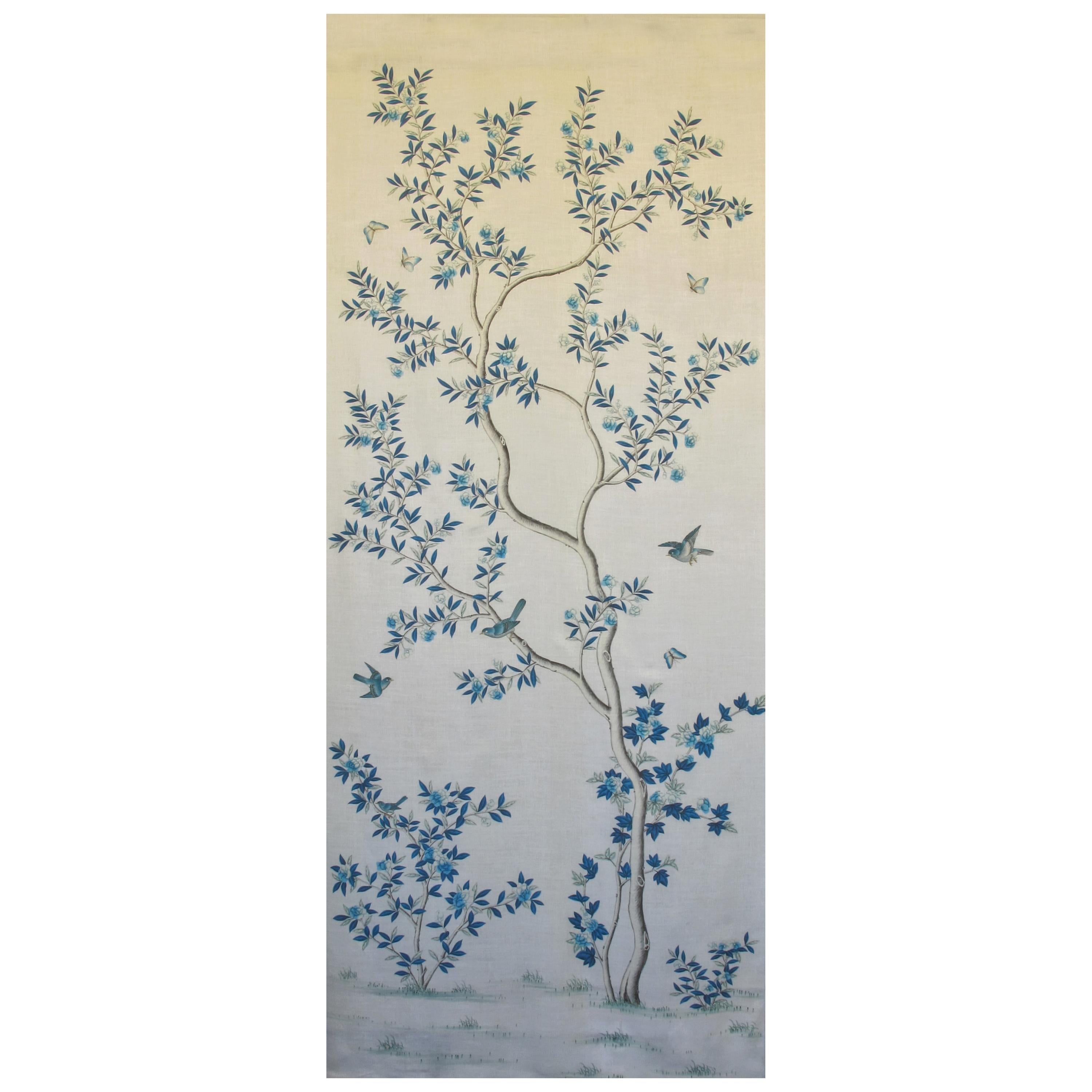 Gracie Chinoiserie Indigo Garden Blue and White Pattern Printed Linen Fabric For Sale