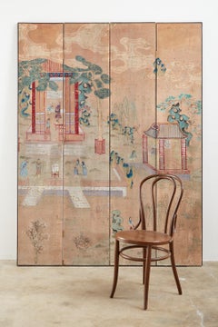 Gracie Chinoiserie Style Four-Panel Folding Wallpaper Screen