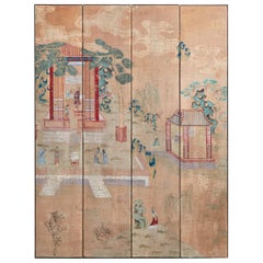 Gracie Chinoiserie Style Four-Panel Folding Wallpaper Screen