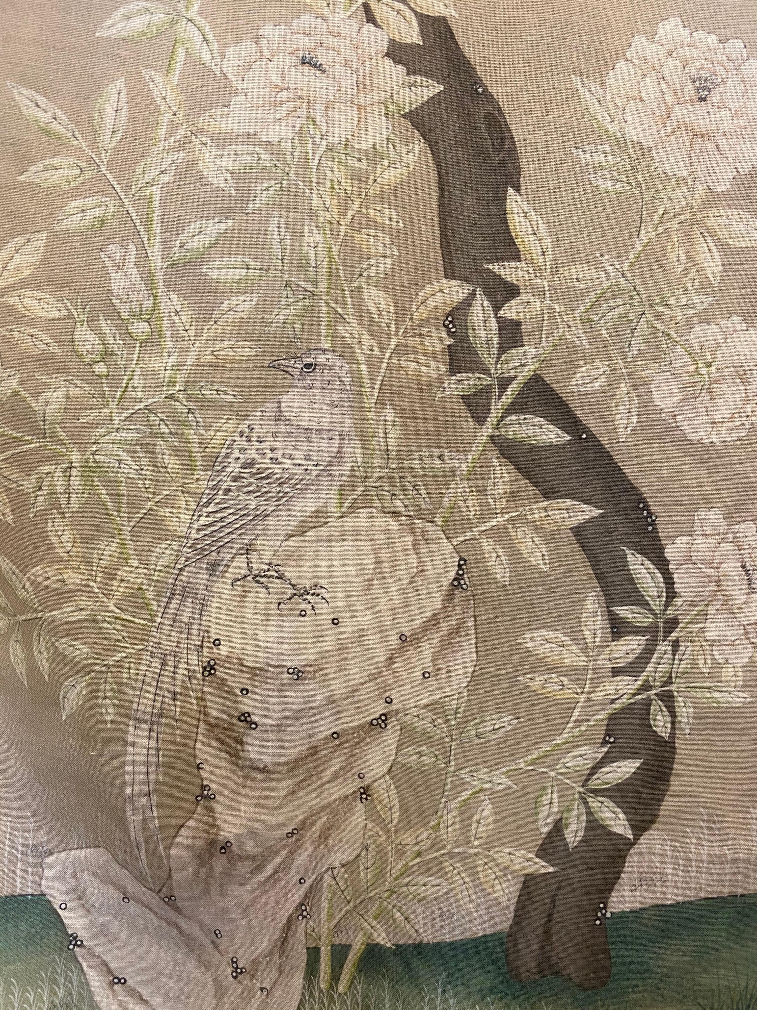 Gracie, the 5th generation firm established in 1898 and known for their exquisite hand painted wallpapers now has a line of linen fabrics featuring six of their iconic patterns.

This is Tan Arbor, with flowering trees, birds, and butterflies on a