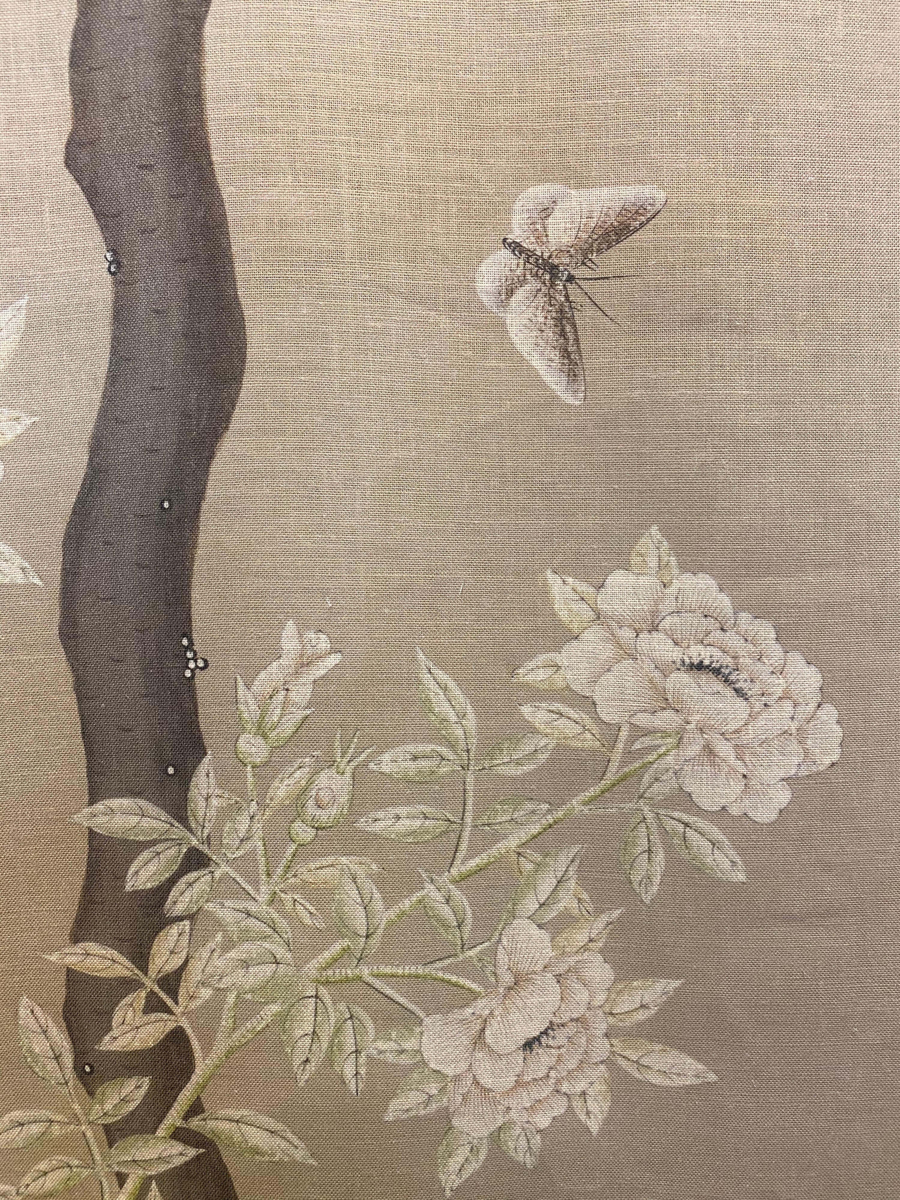 American Gracie Chinoiserie Tan Arbor Pattern Printed Linen Fabric For Sale
