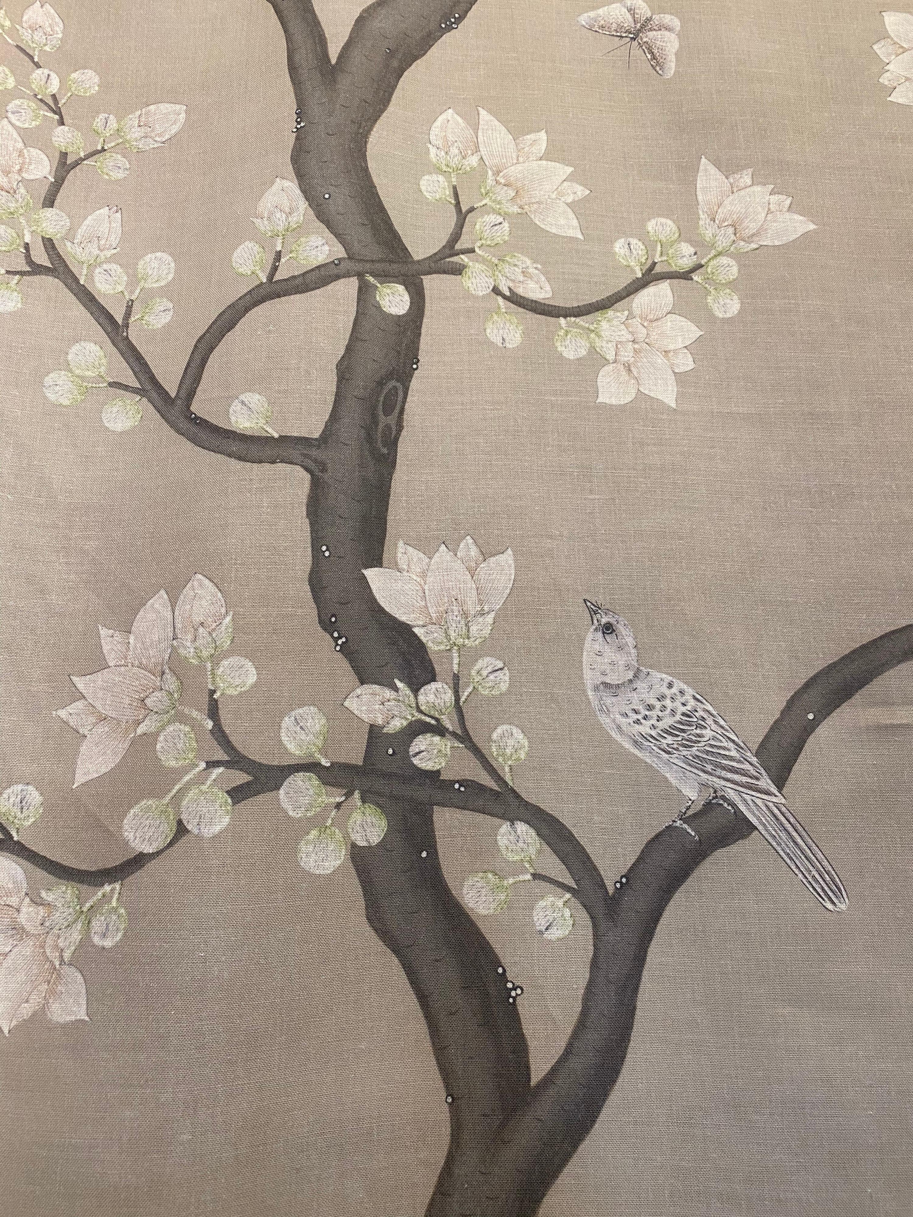 Gracie Chinoiserie Tan Arbor Pattern Printed Linen Fabric In New Condition For Sale In New York, NY