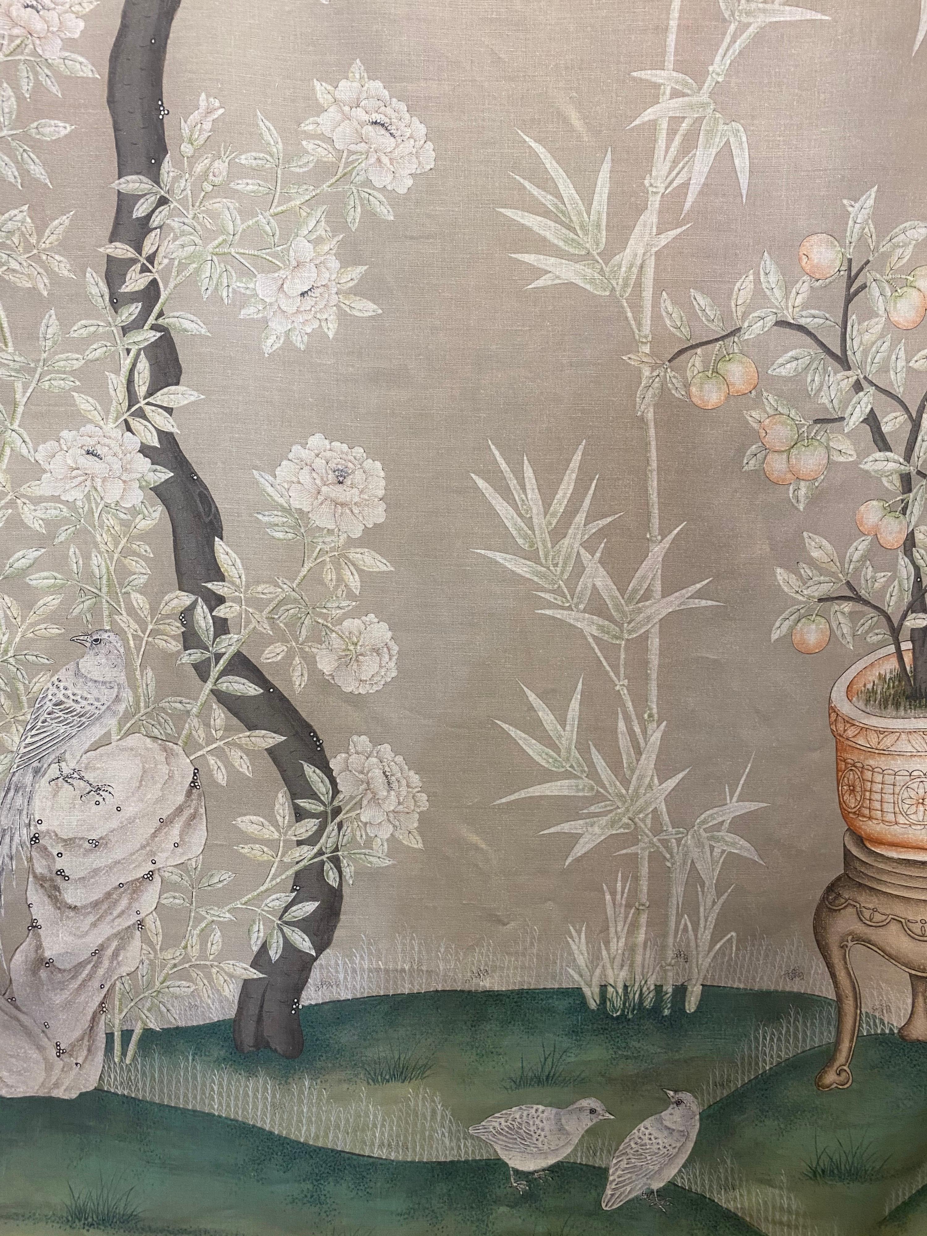 Gracie Chinoiserie Tan Arbor Pattern Printed Linen Fabric For Sale 2
