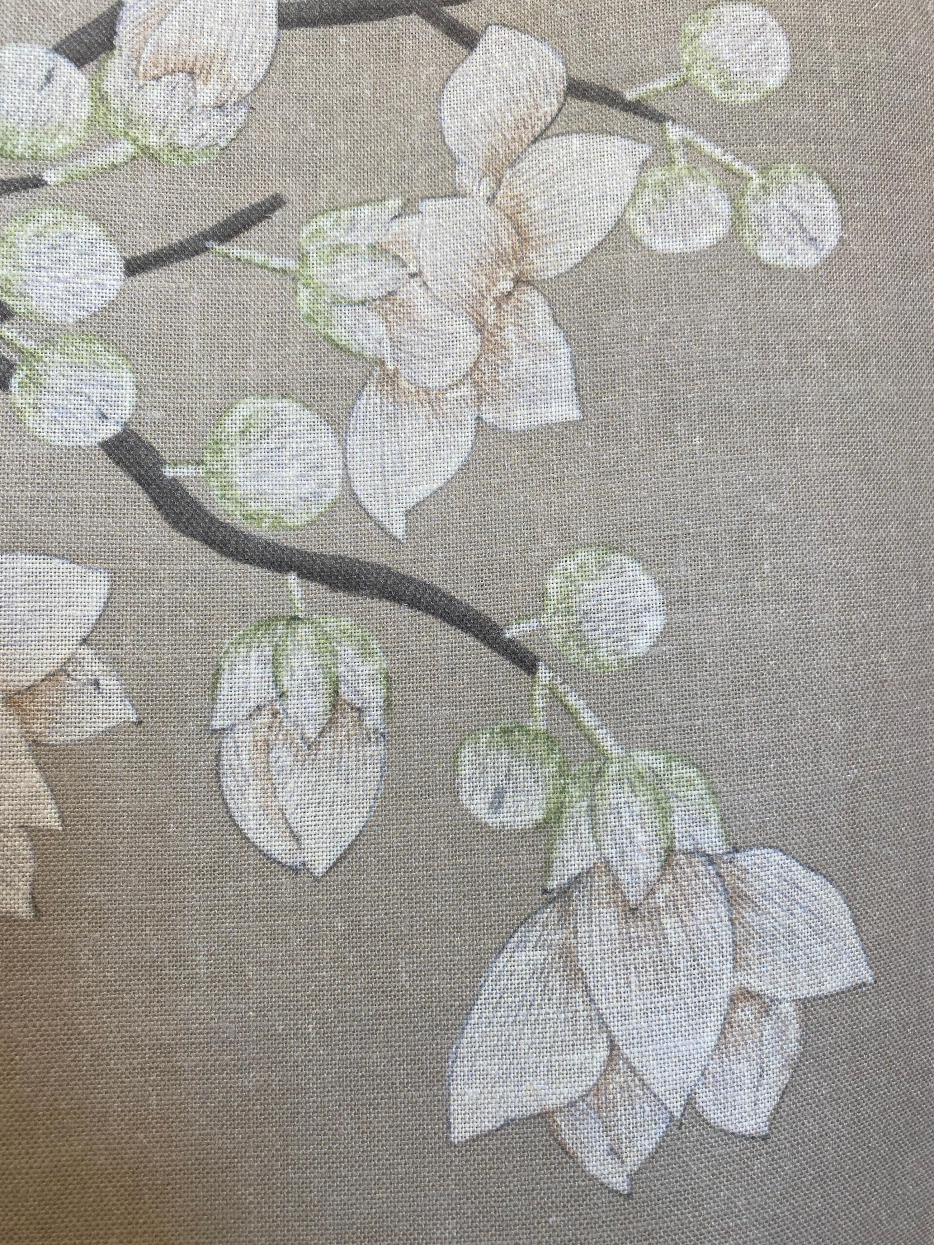 Gracie Chinoiserie Tan Arbor Pattern Printed Linen Fabric For Sale 3