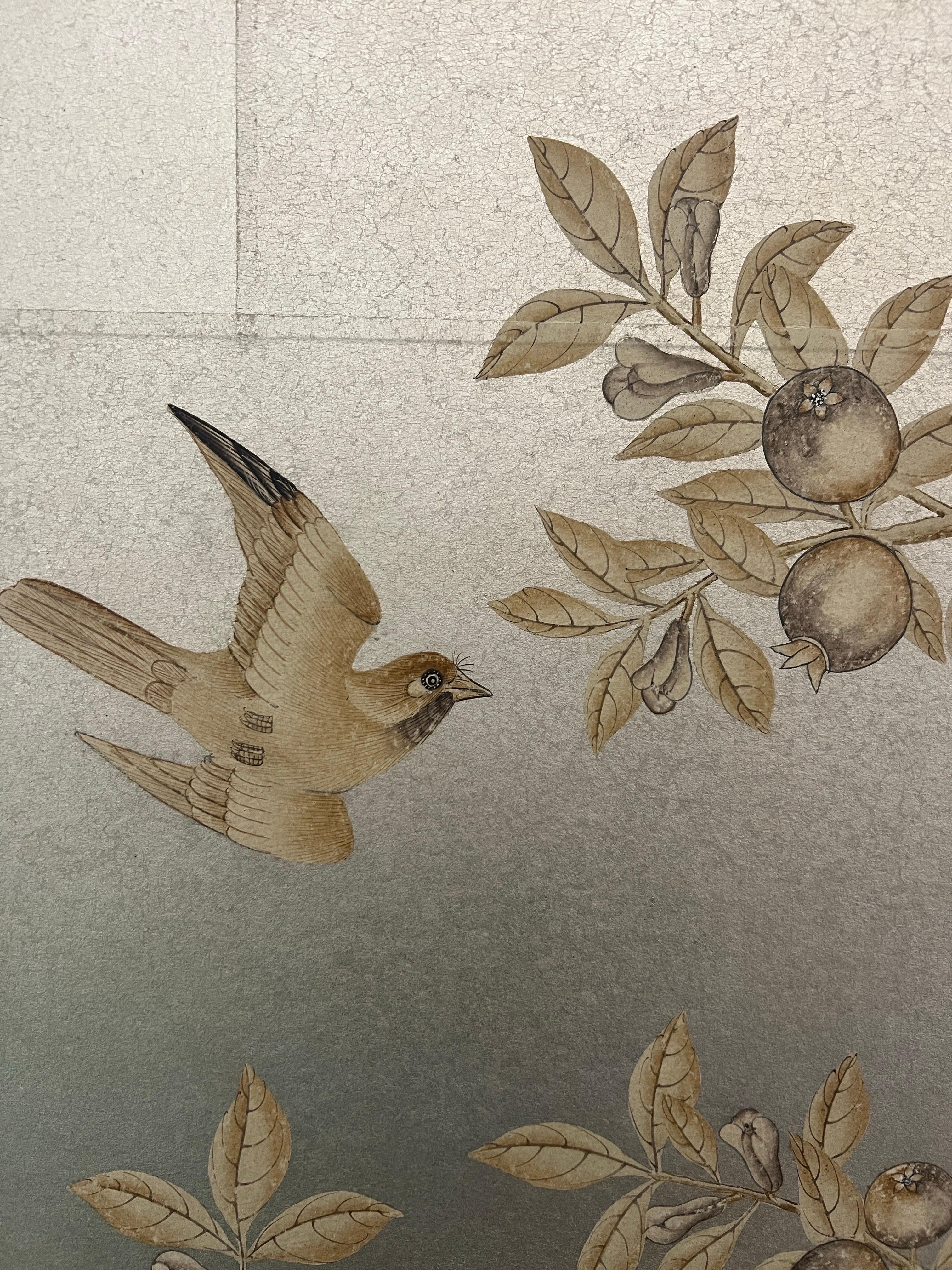 A framed Gracie Sepia Garden panel.  

Gracie, founded in 1898 is known for handpainted wallpapers and antiques.  Founded in 1898 in New York, Gracie was the first American company to begin importing Chinese handpainted wallpapers.  Gracie is still