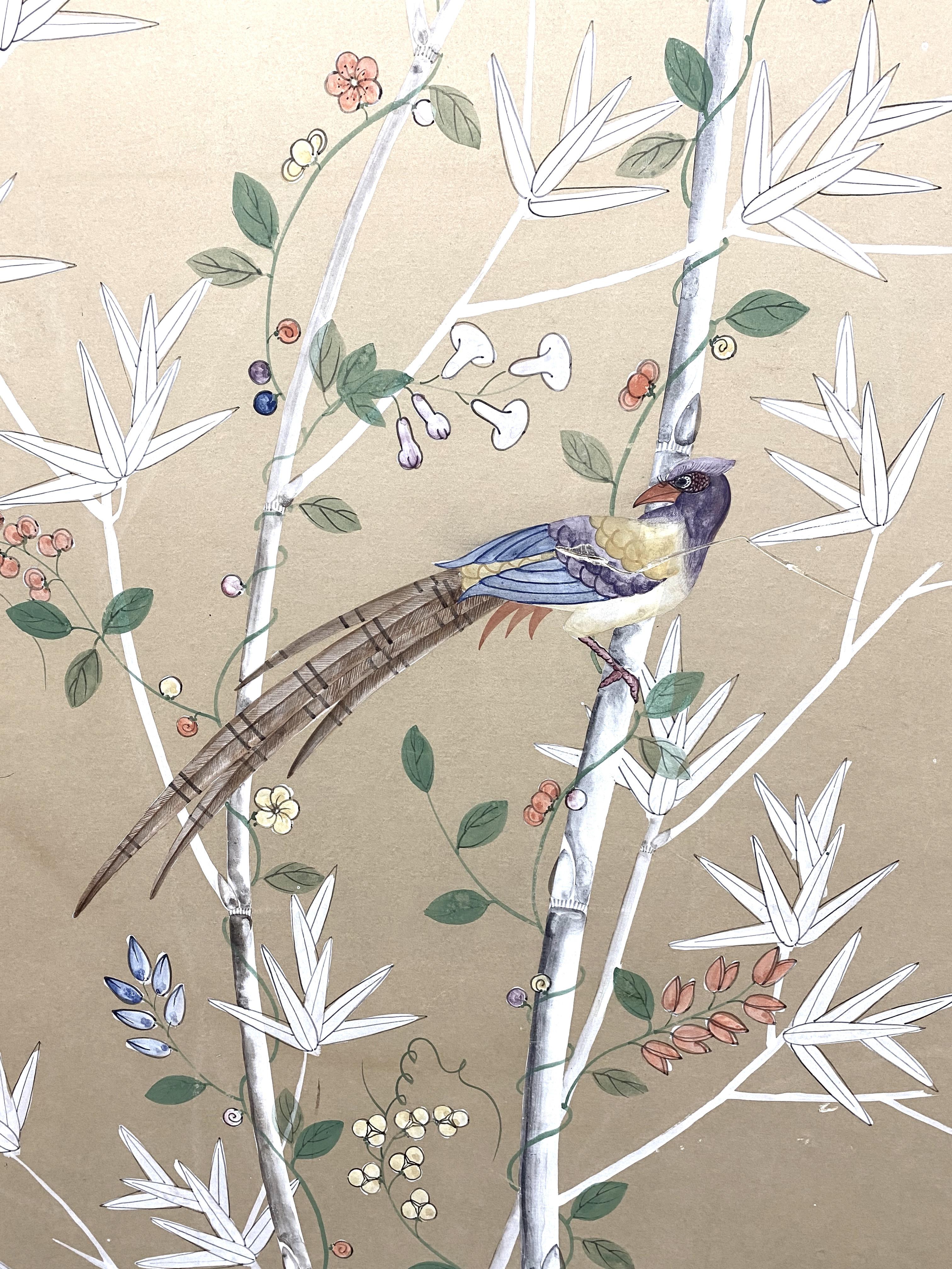 Gracie handpainted silk wallpaper panel with goldleaf frame. This is one of 2 vintage panels that can be used together to create a chic interior backround. The Chinoiserie pattern with cream backround, white bamboo branches and a hand painted bird
