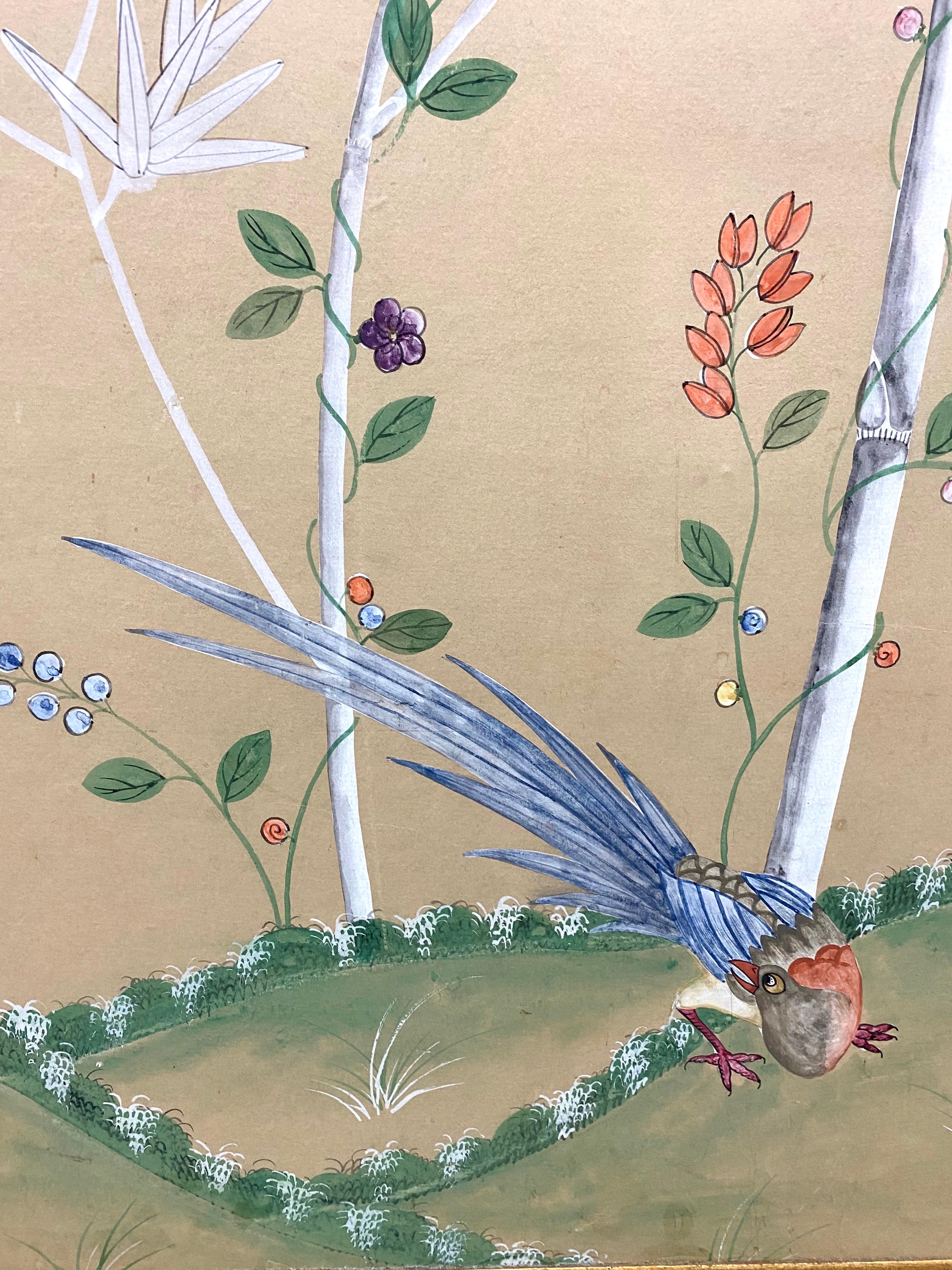 Gracie hand painted silk wallpaper panel with gold leaf frame. This is one of 2 vintage panels that can be used together to create a chic interior background. The chinoiserie pattern with cream back round, white bamboo branches and a hand painted