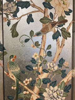 Gracie Handpainted Silver 4 Panel Screen - Flowering Trees, Birds, Butterflies