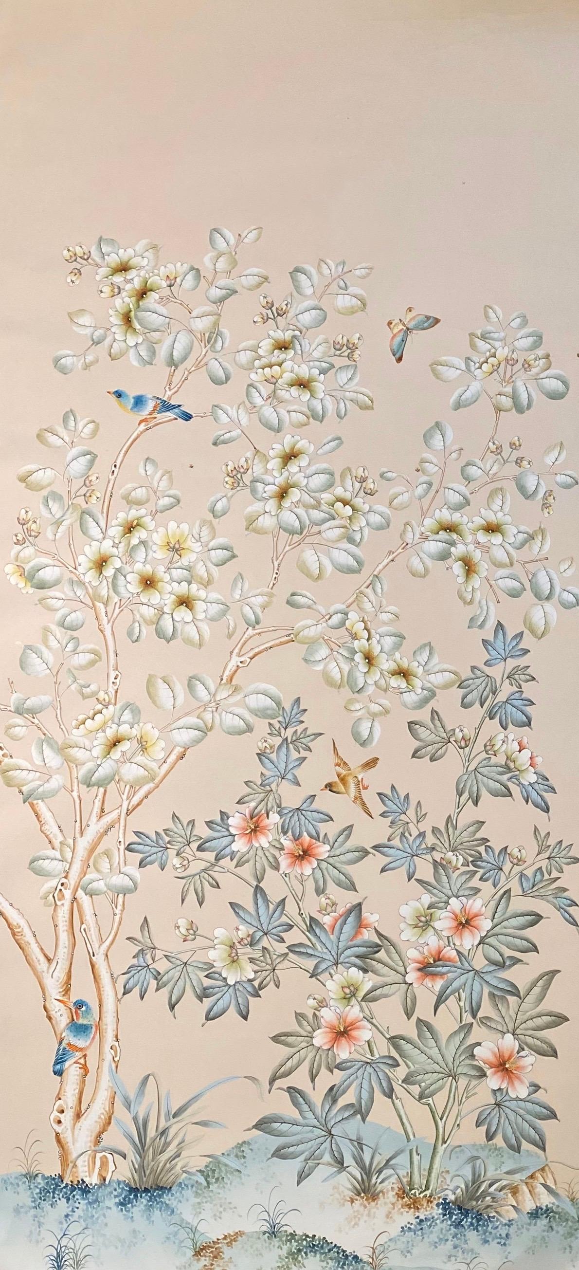 Two gorgeous and unique hand painted panels by Gracie, the firm known for its exquisitely detailed wallpaper, since 1898.

These two panels are the same pattern, but they do not connect. They will be absolutely gorgeous framed and used in the same