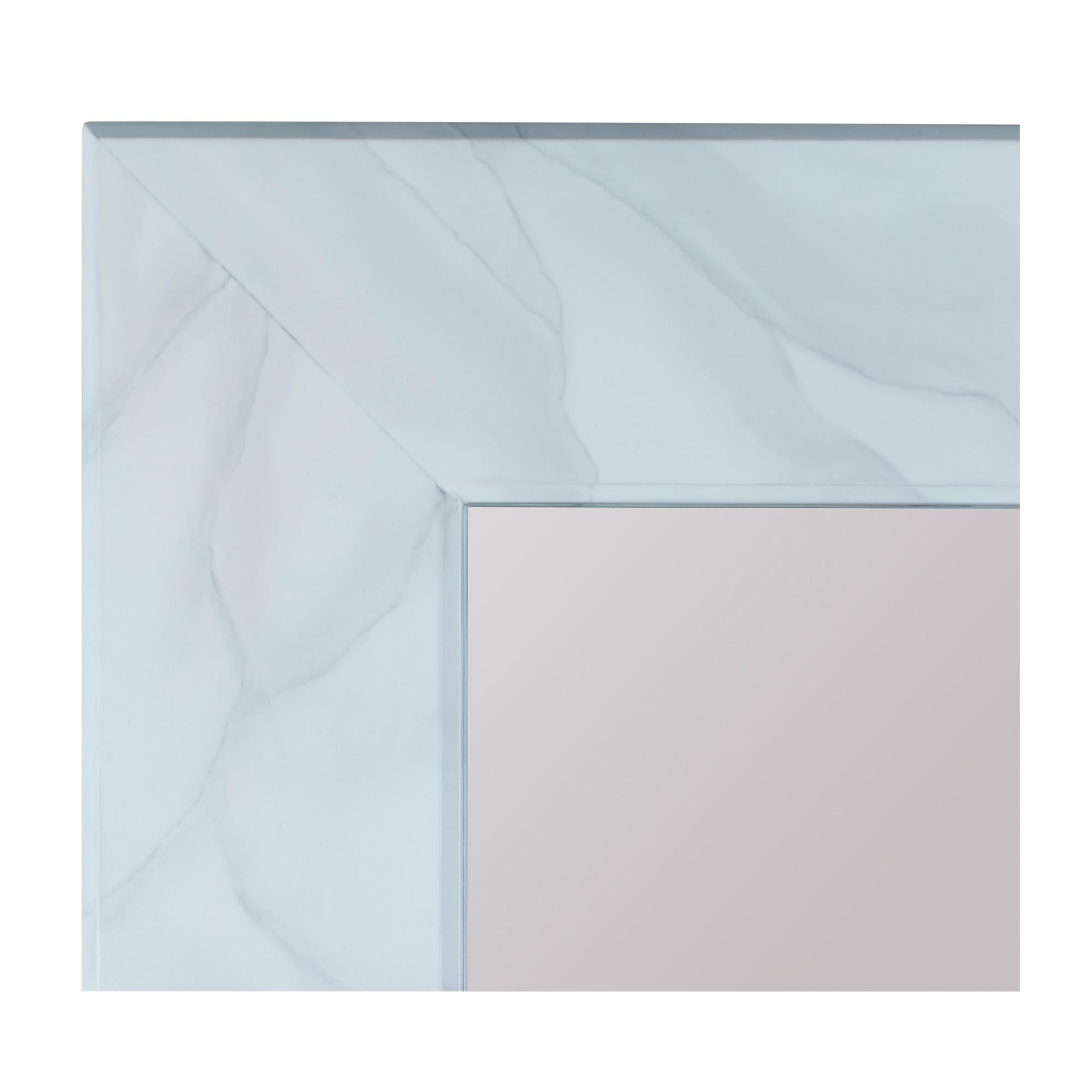 Finely hand painted faux Carrara marble stone squares mirror is a visual statement piece with Industrial permanence. Made in the USA.
   