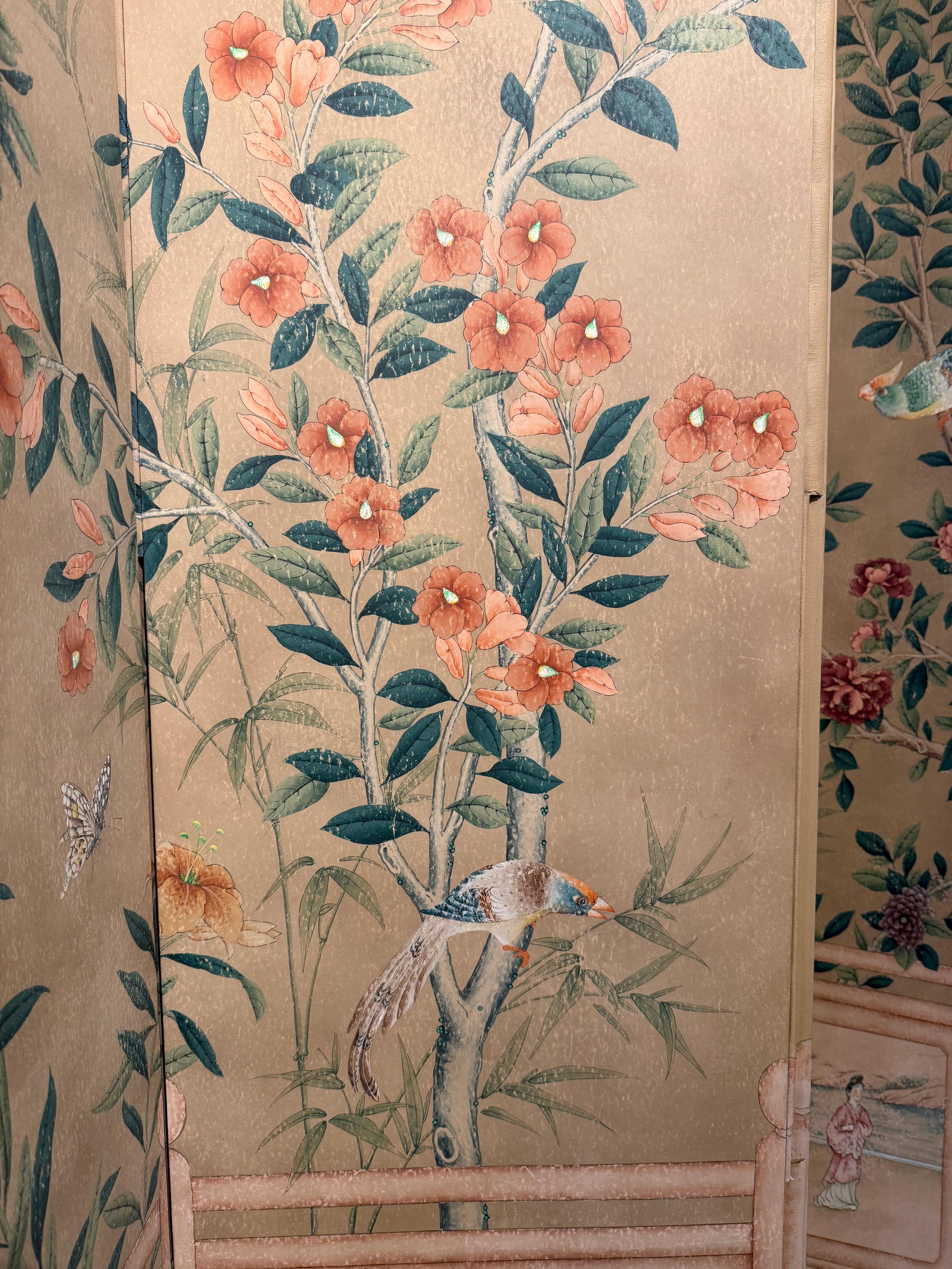 Exportation chinoise Gracie - Écran de papier peint à la main à six panneaux avec motif floral en vente
