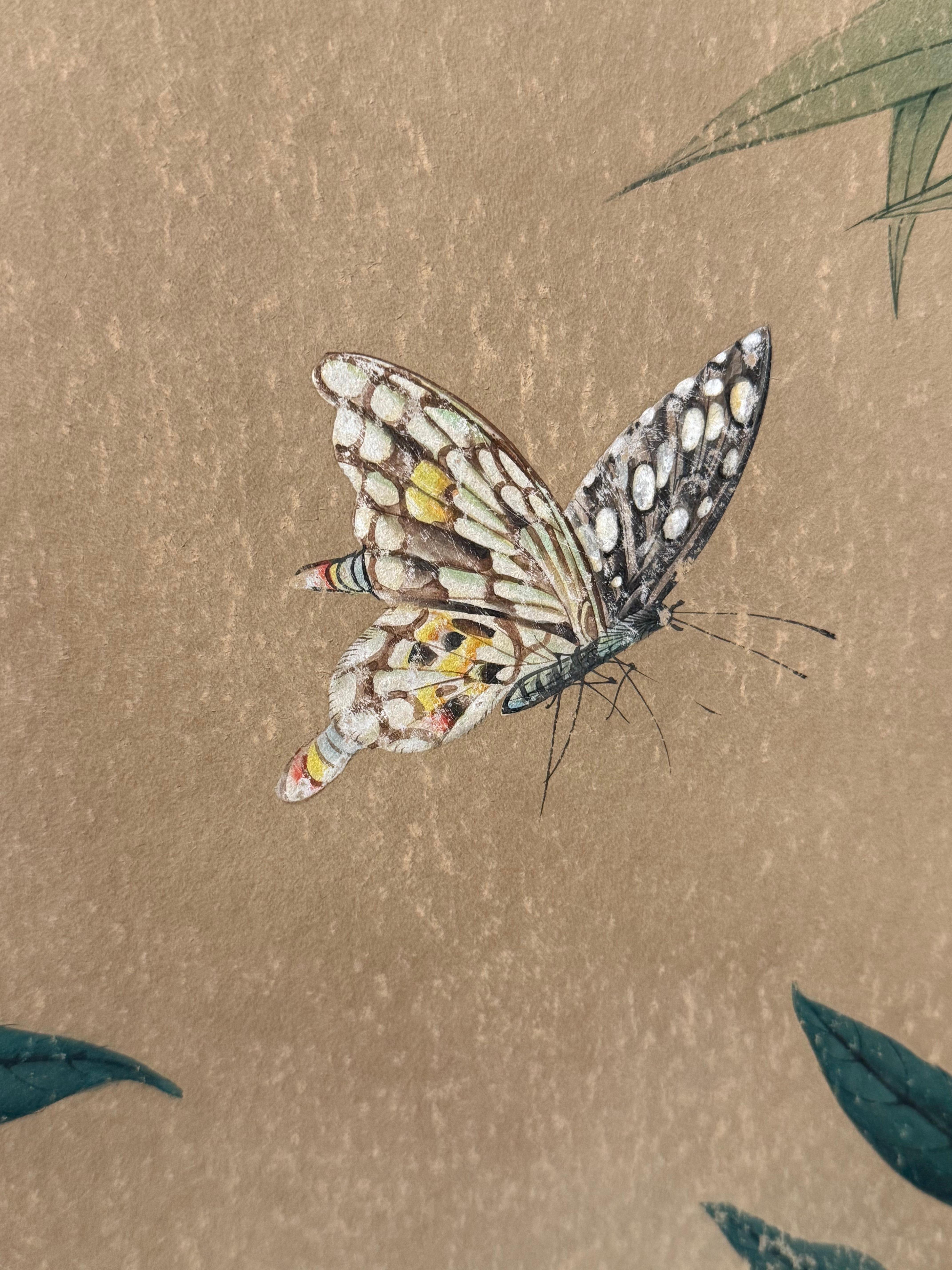 Bois Gracie - Écran de papier peint à la main à six panneaux avec motif floral en vente