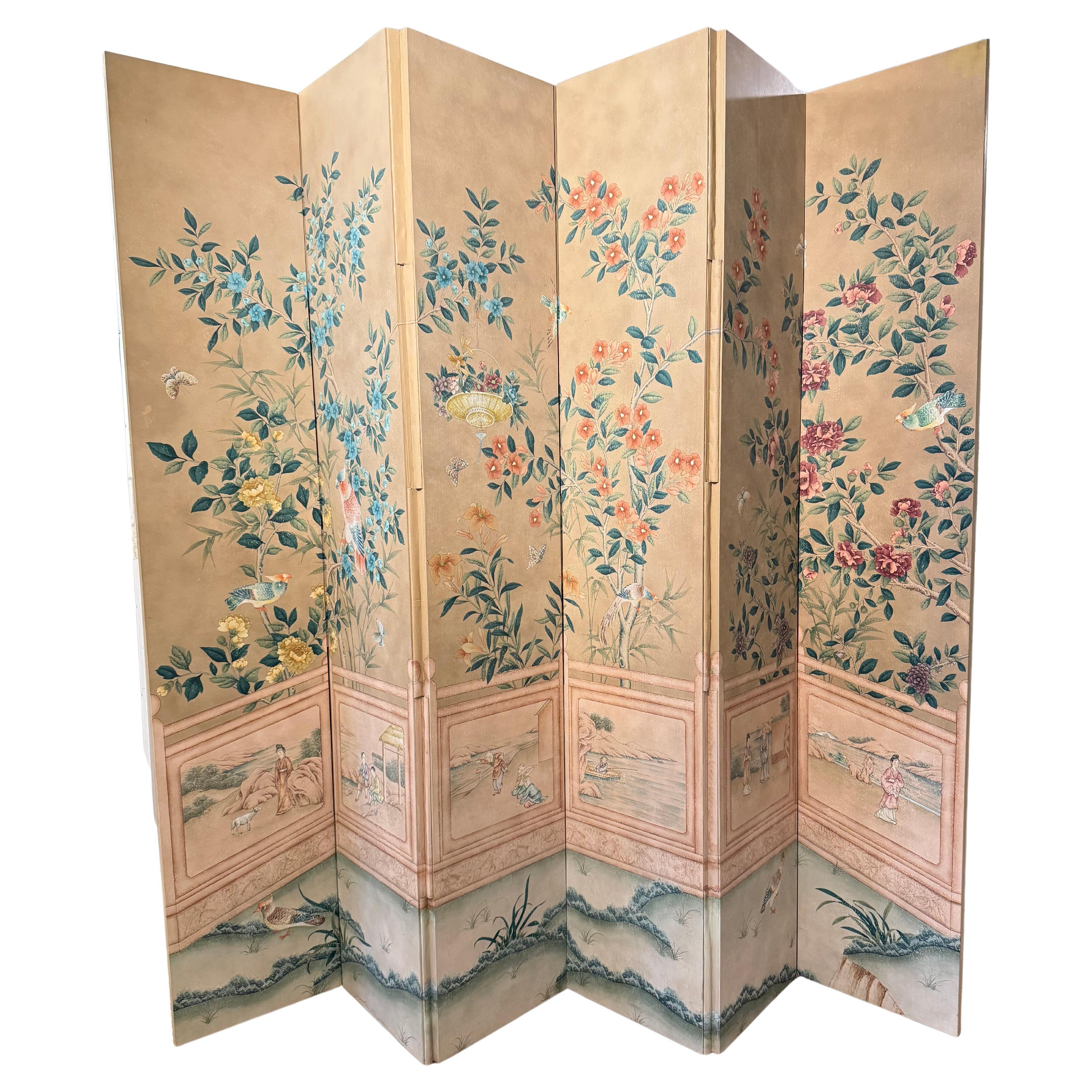 Gracie - Écran de papier peint à la main à six panneaux avec motif floral en vente