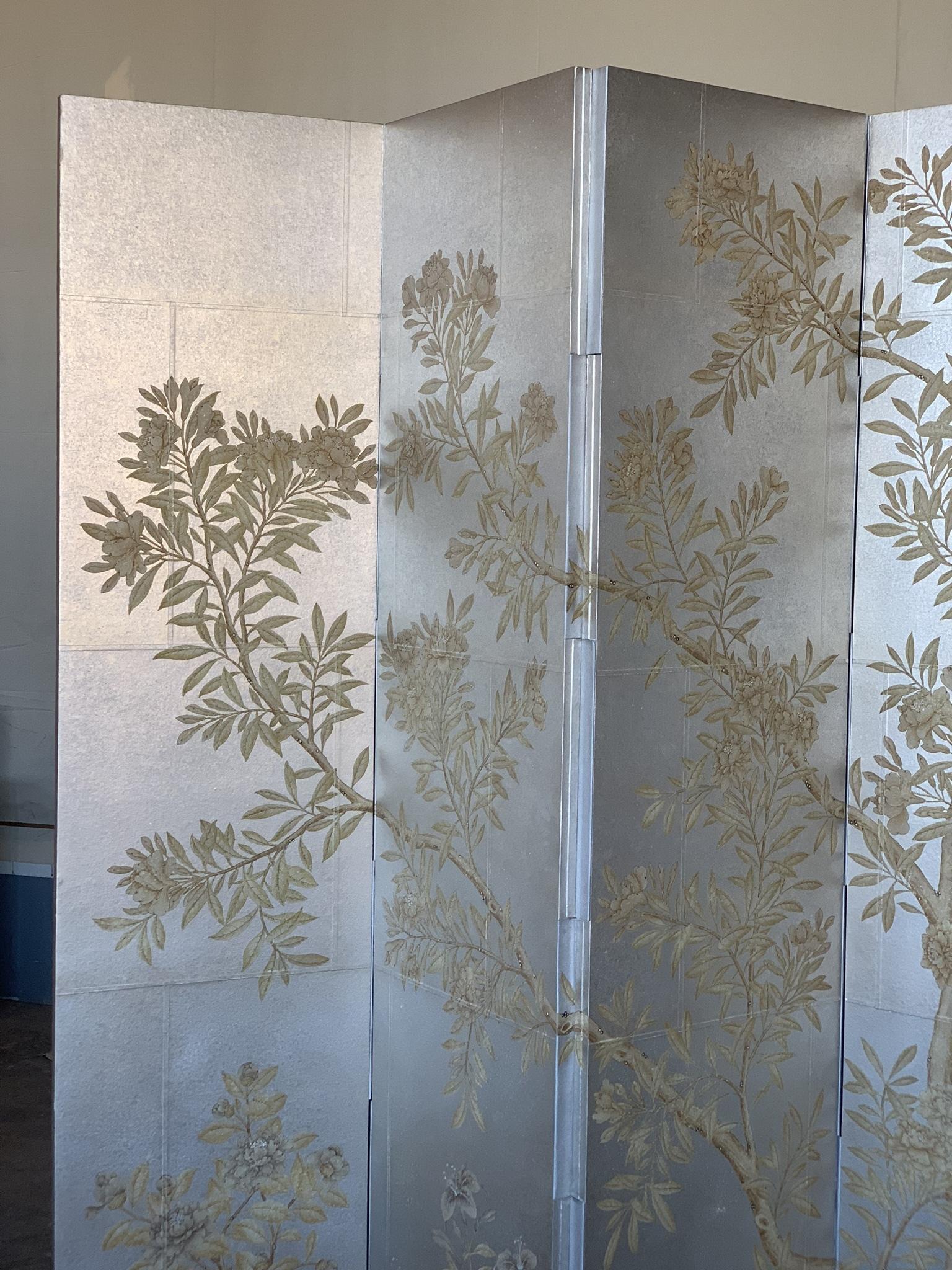 A beautiful vintage screen hand painted by Gracie, with our Sepia Garden design on the front, and a lattice design on the back.

The screen has French hinges, and the design is hand painted between each panel. Each panel is 18