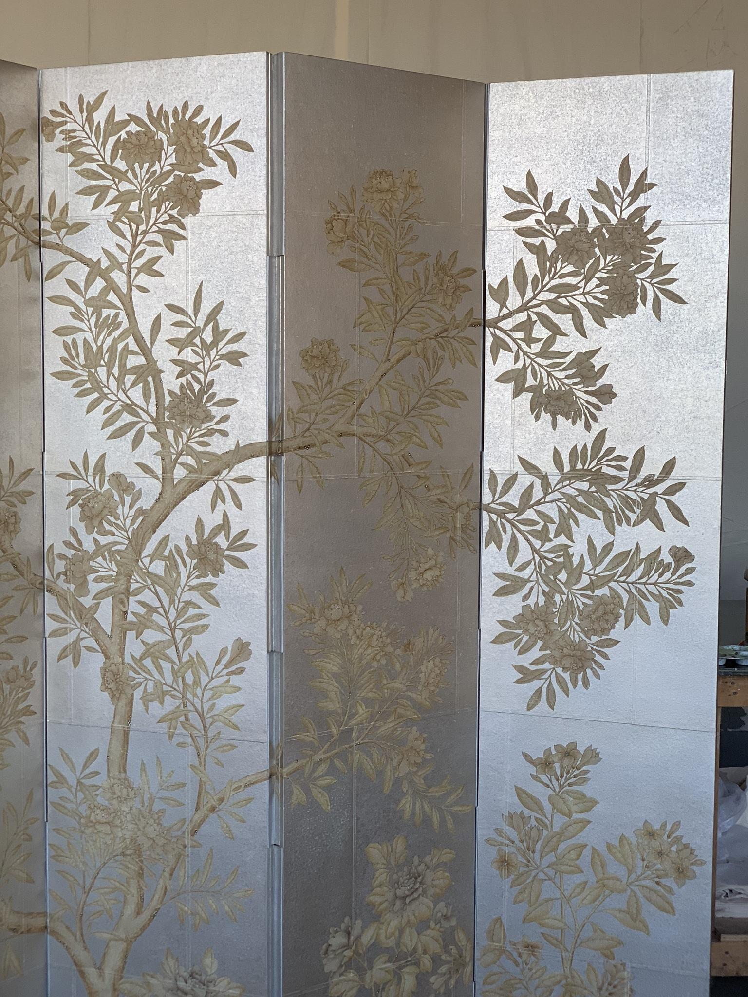 Chinoiserie Gracie Six-Panel Silver Hand Painted Screen