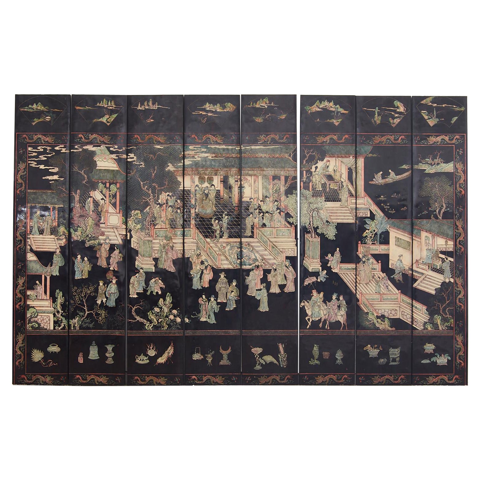 Gracie Studio Ming Style Lacquered Eight Panel Coromandel Screen For Sale