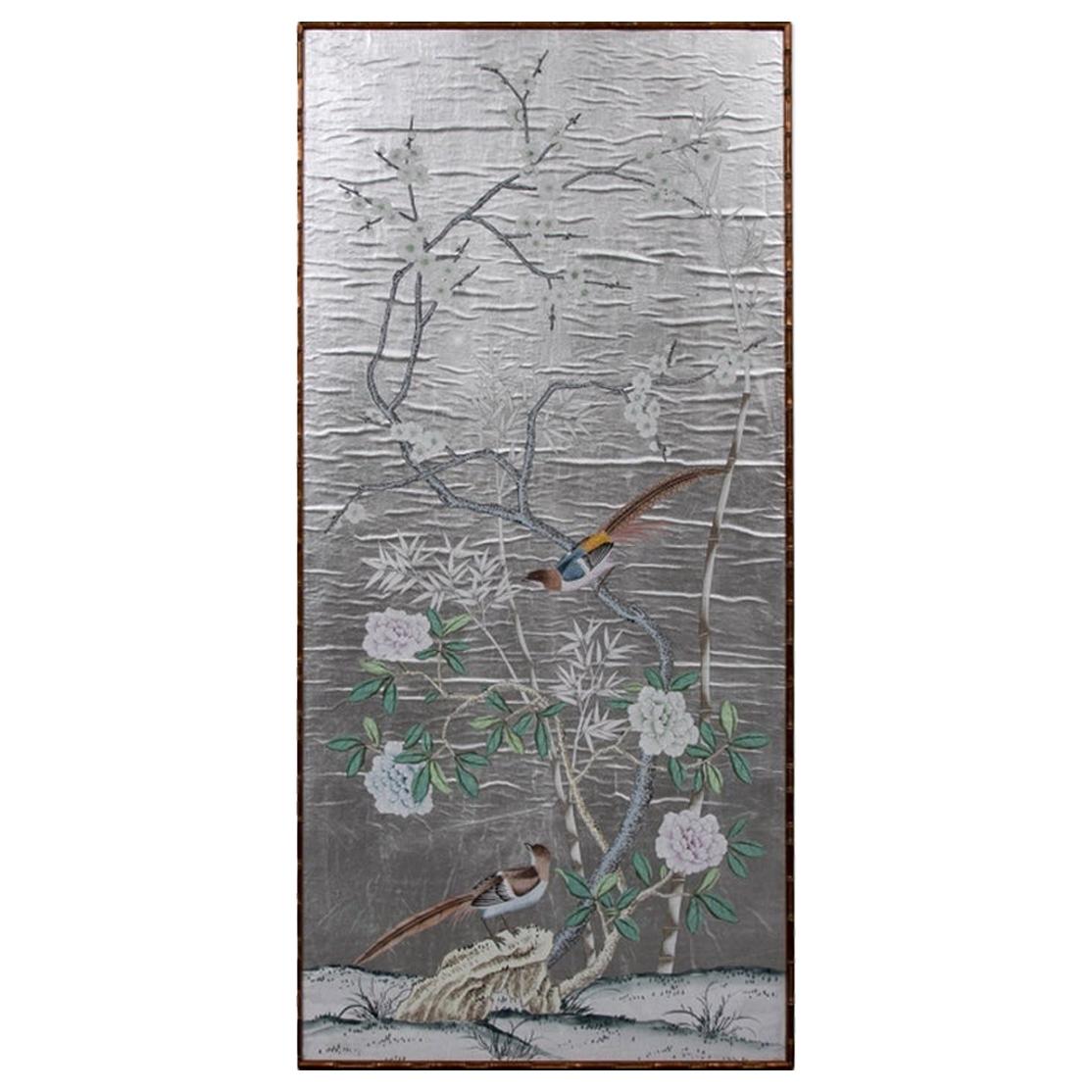 Gracie Style Silvered Wall Paper with Exotic Birds and Bamboo