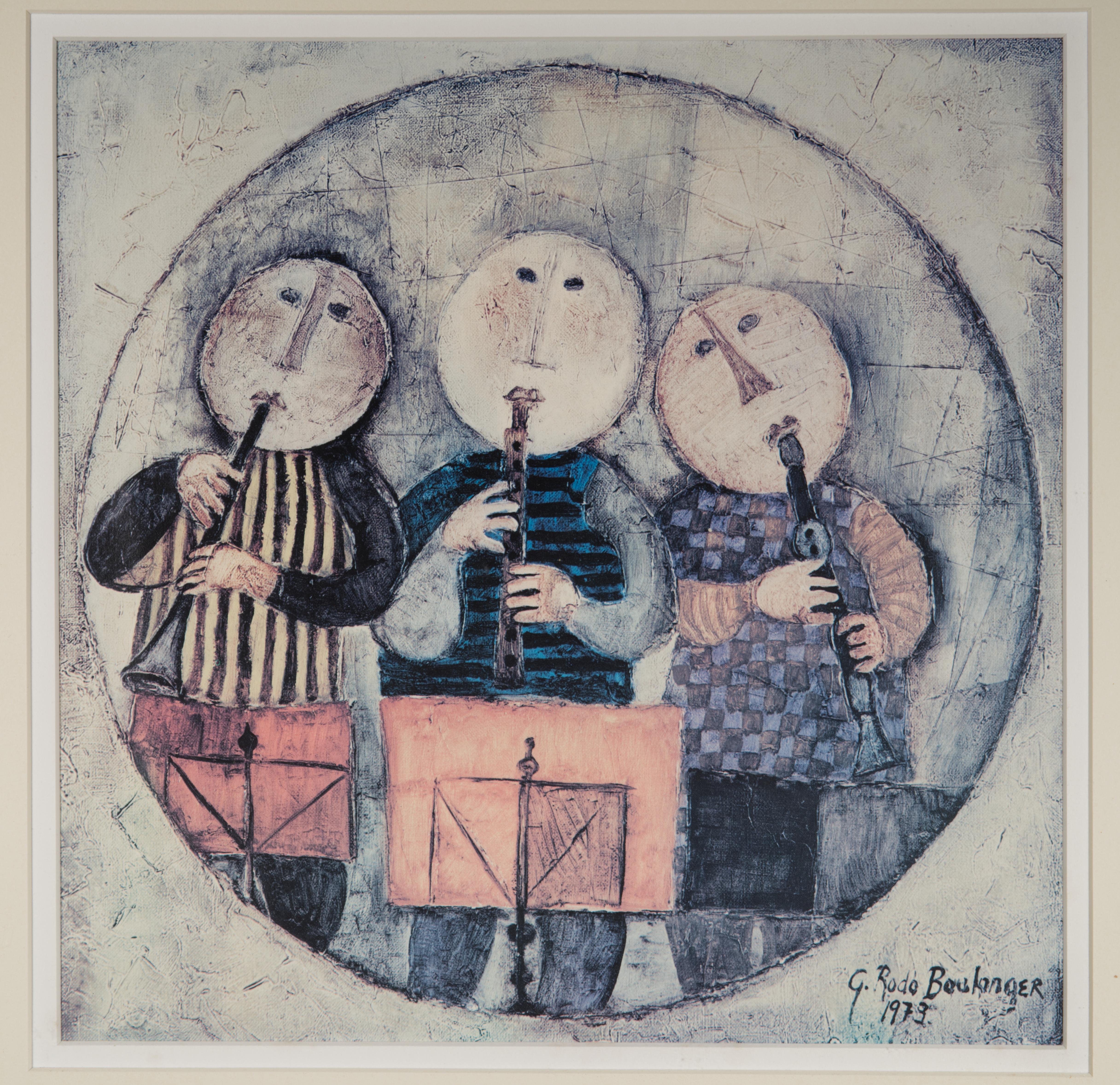 Graciela Rodo Boulanger Kleine Musikanten Trio Gerahmte Lithographie Druck (Moderne der Mitte des Jahrhunderts) im Angebot