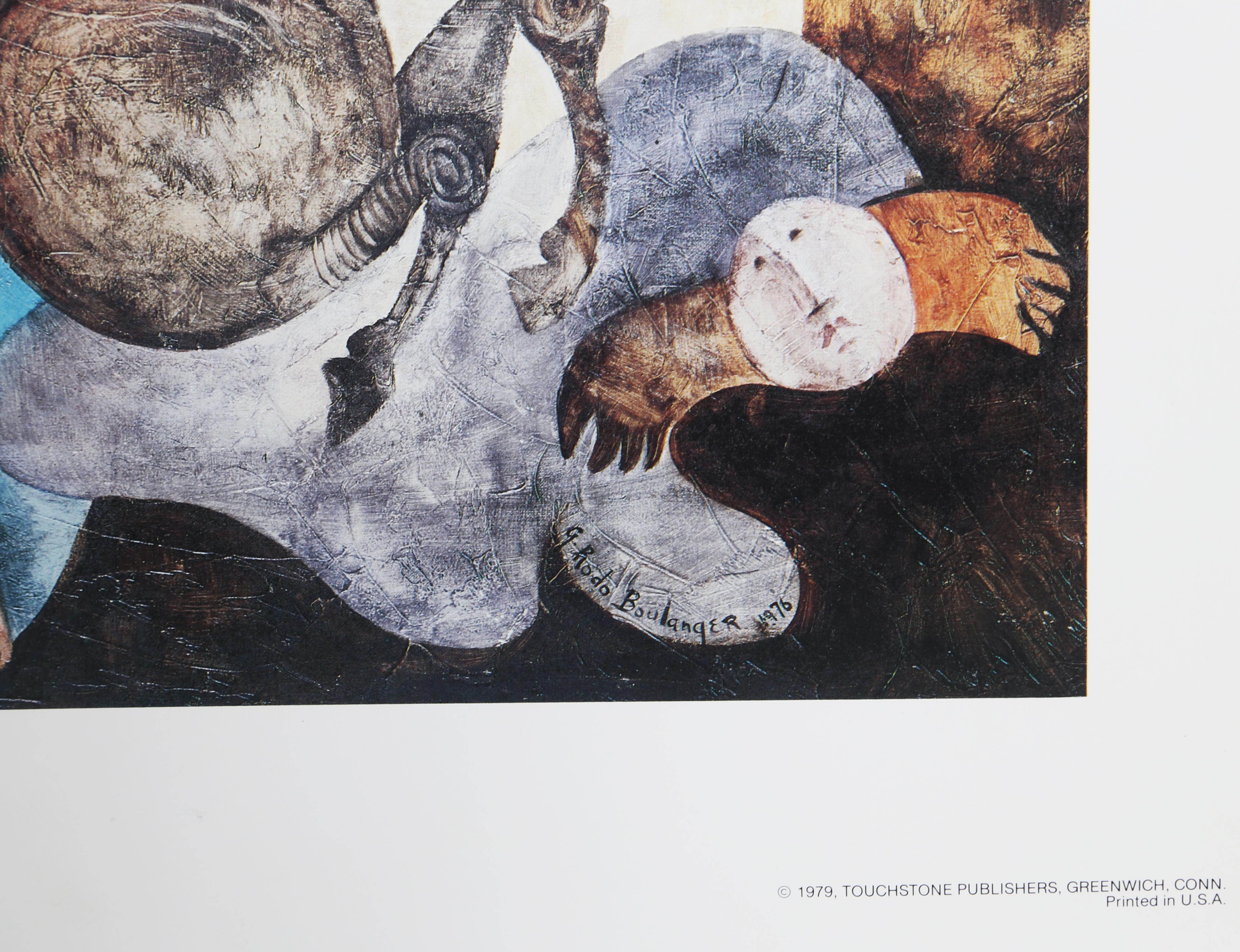 In a style similar to Modigliani, Boulanger depicts a saint holding a baby and crossing the water on the back of a ram (Belier in French). This poster was printed as a reproduction of the original painting by Touchstone Publishers.

Adoration du
