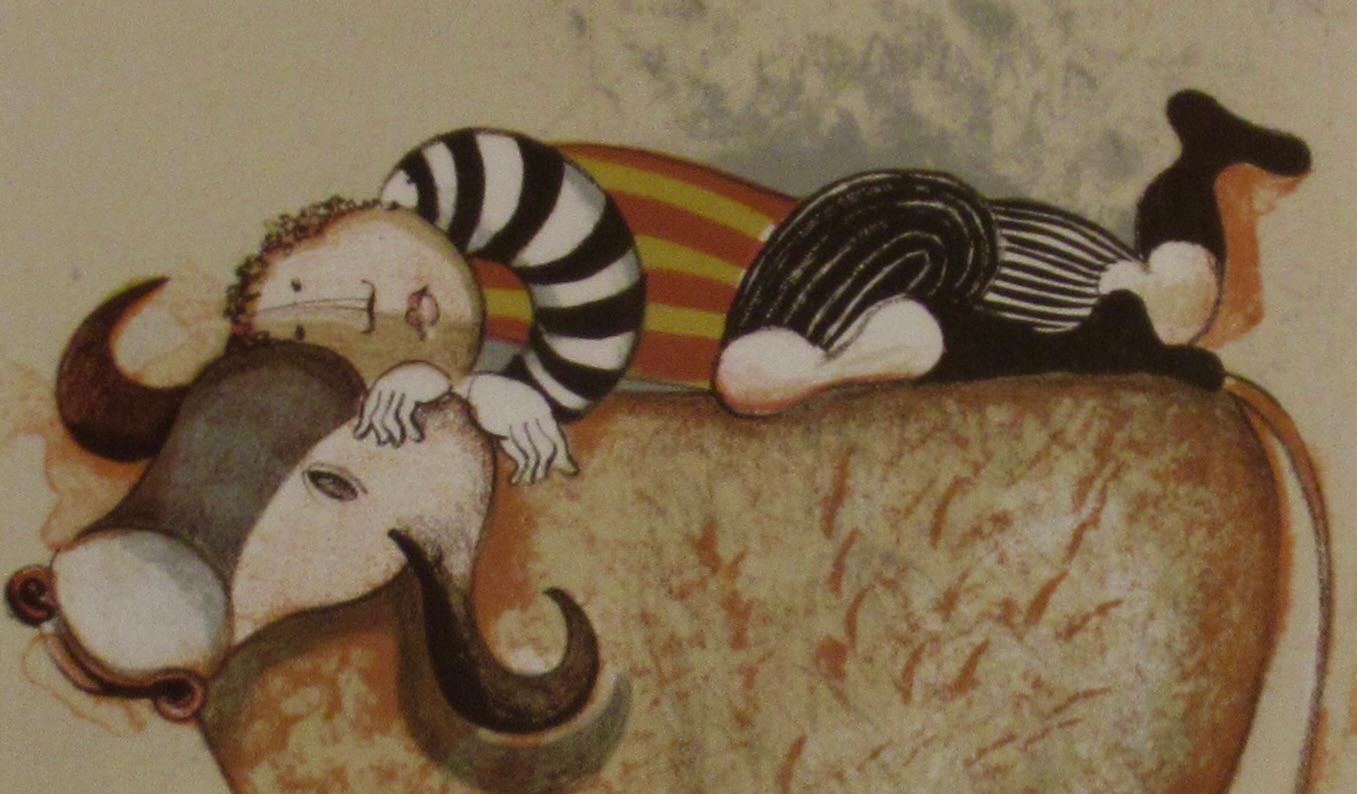 Boy Riding a Bull - Brown Figurative Print by Graciela Rodo Boulanger