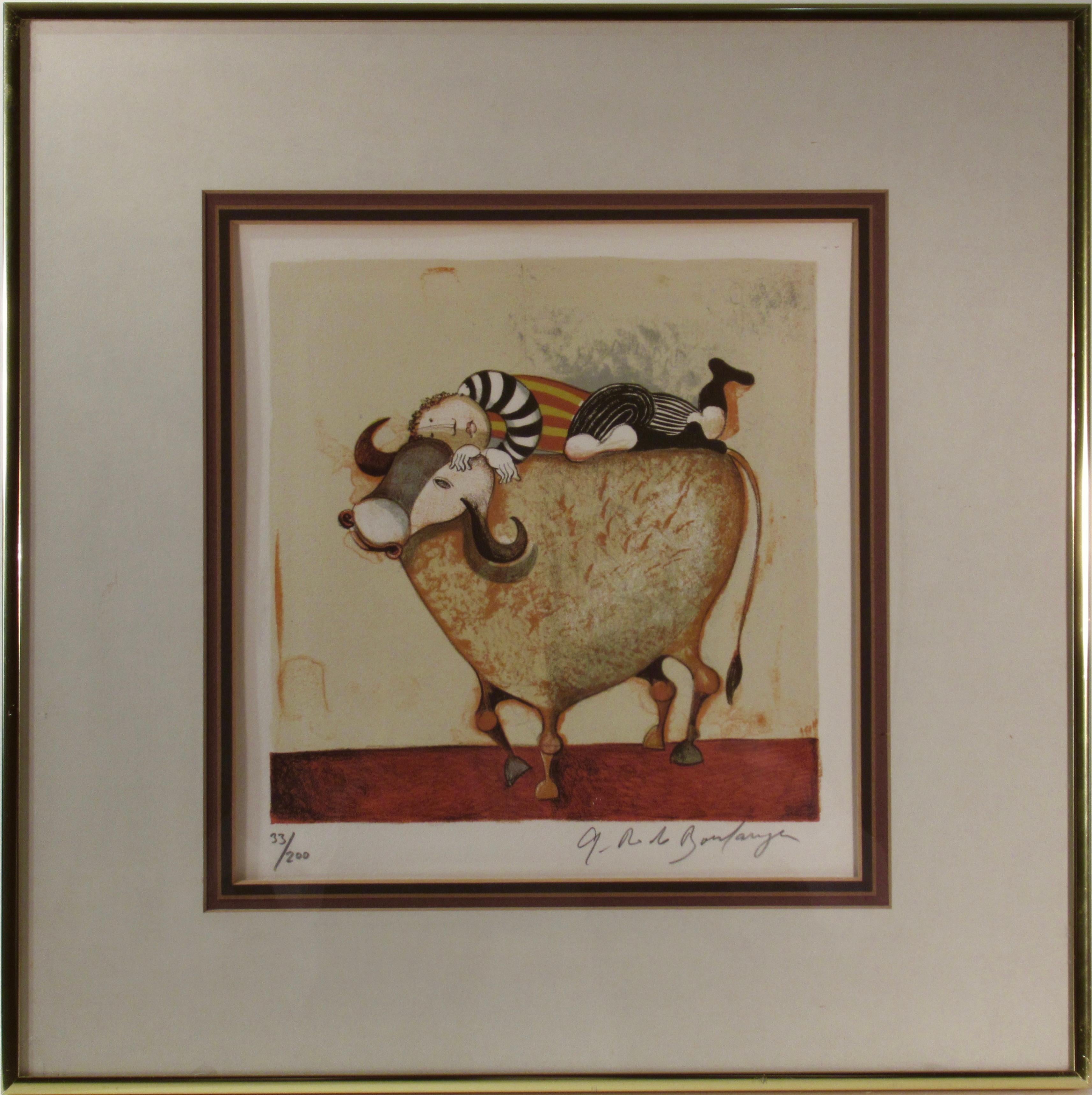 Graciela Rodo Boulanger Figurative Print - Boy Riding a Bull