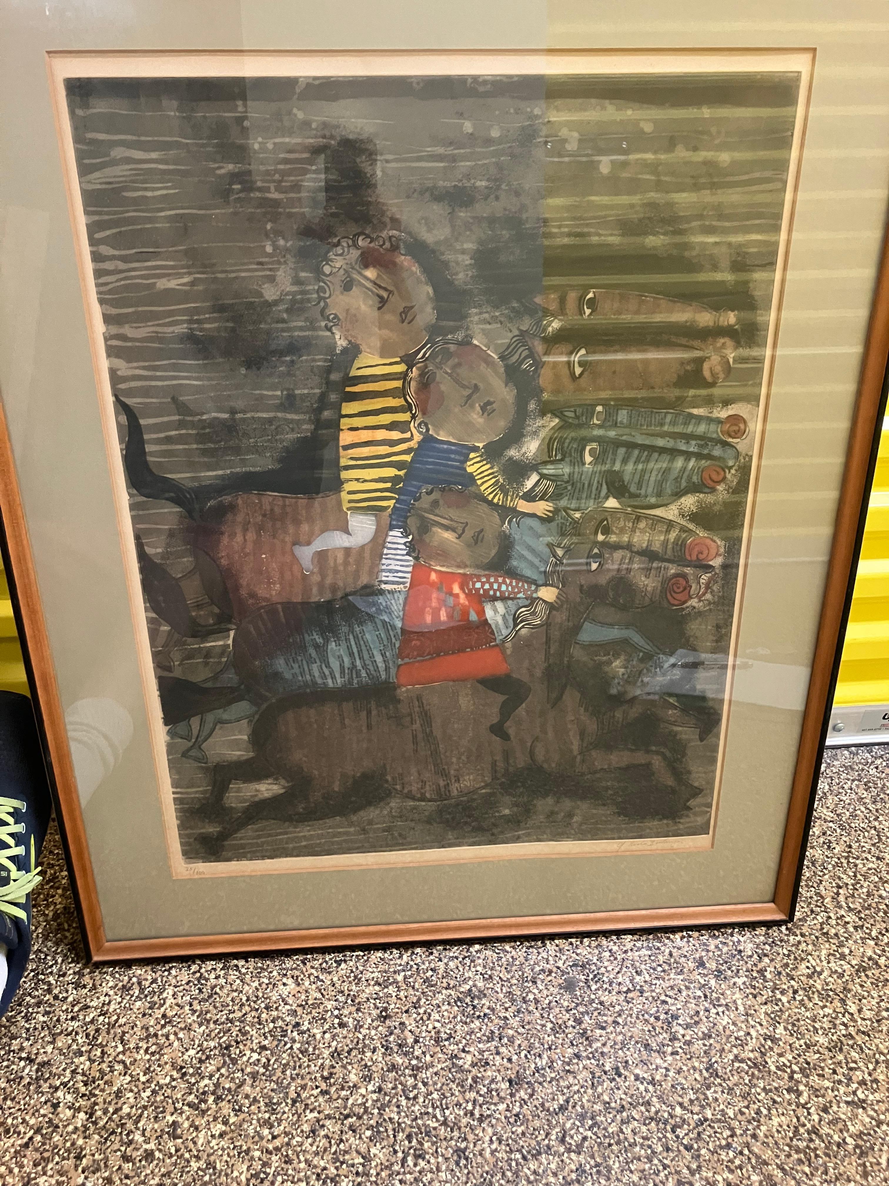 Graciela Rodo Boulanger: she is a Bolivian artist born in 1935. She is best known for her paintings and prints of children. This beautiful colored lithograph sold for over $1800 at auction. It measures 26 1/2 inches high by 20 inches wide. The frame