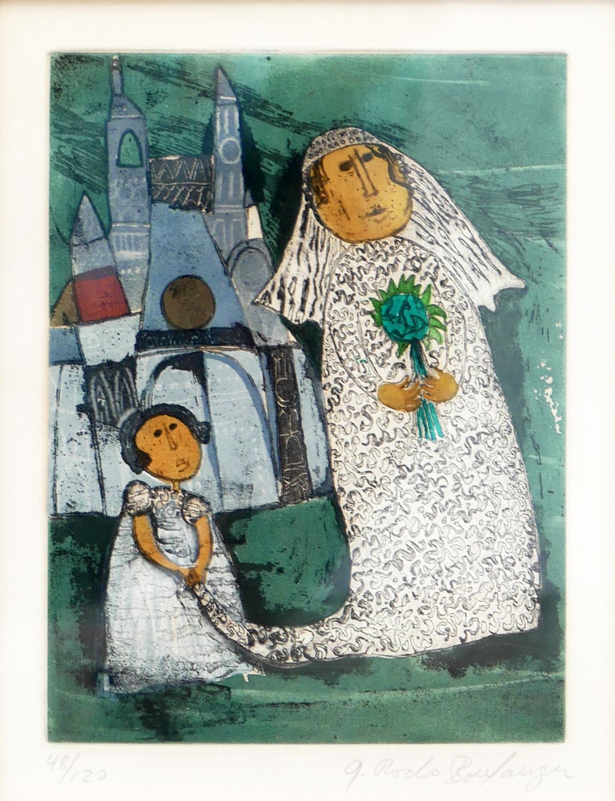 Modern abstract figurative lithograph by Bolivian artist Graciela Rodo Boulanger. The work features a central female figure dressed in a white wedding dress set against a church with a teal background. Signed and editioned along the front central