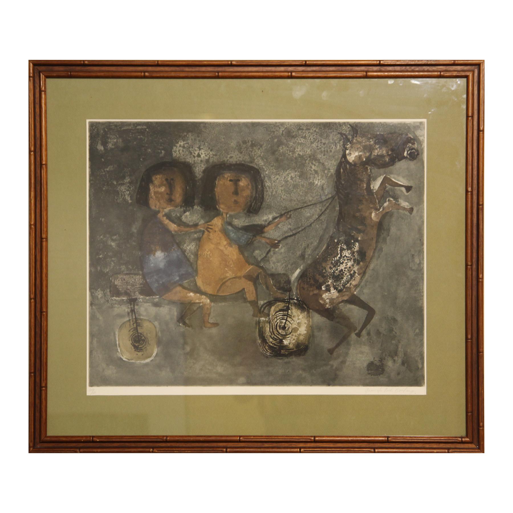 Figurative Print Graciela Rodo Boulanger - Lithographie abstraite moderne de deux enfants avec un chariot de cheval, Ed. 100/100